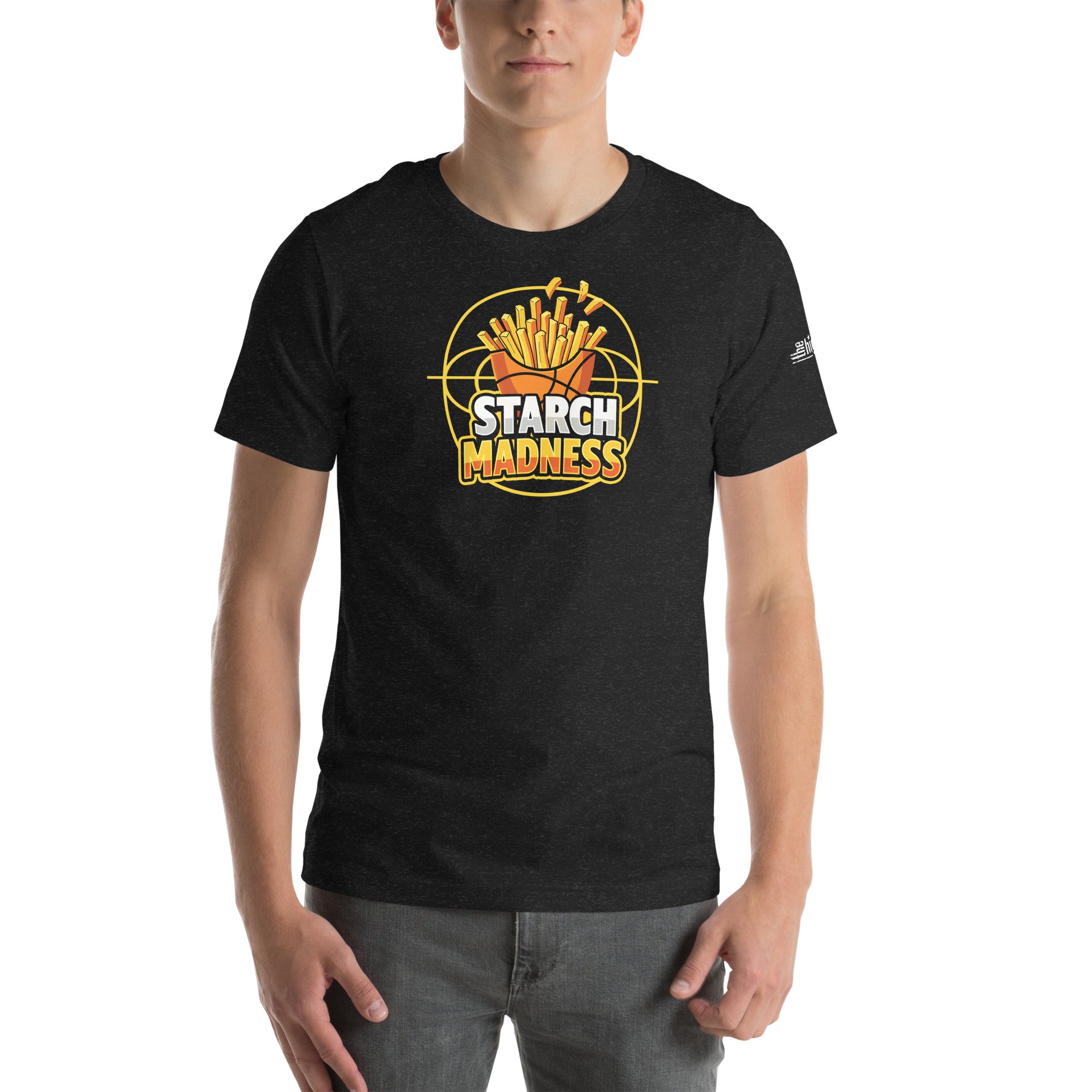 A front-facing view of a model wearing the 'Starch Madness' t-shirt. The bold, colorful design stands out against the black fabric.