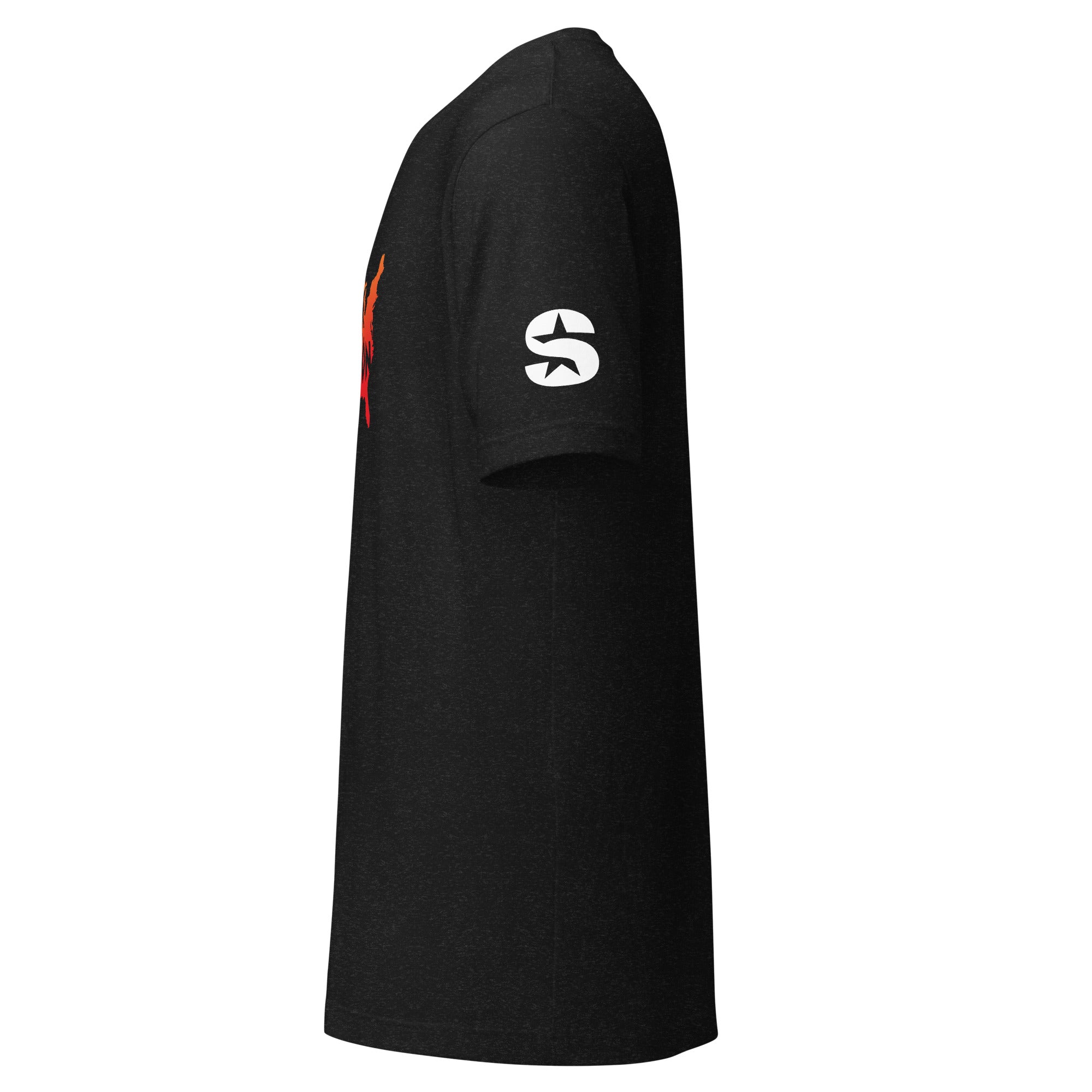 Black T-shirt displayed from the side, featuring a 'S' logo on the sleeve.