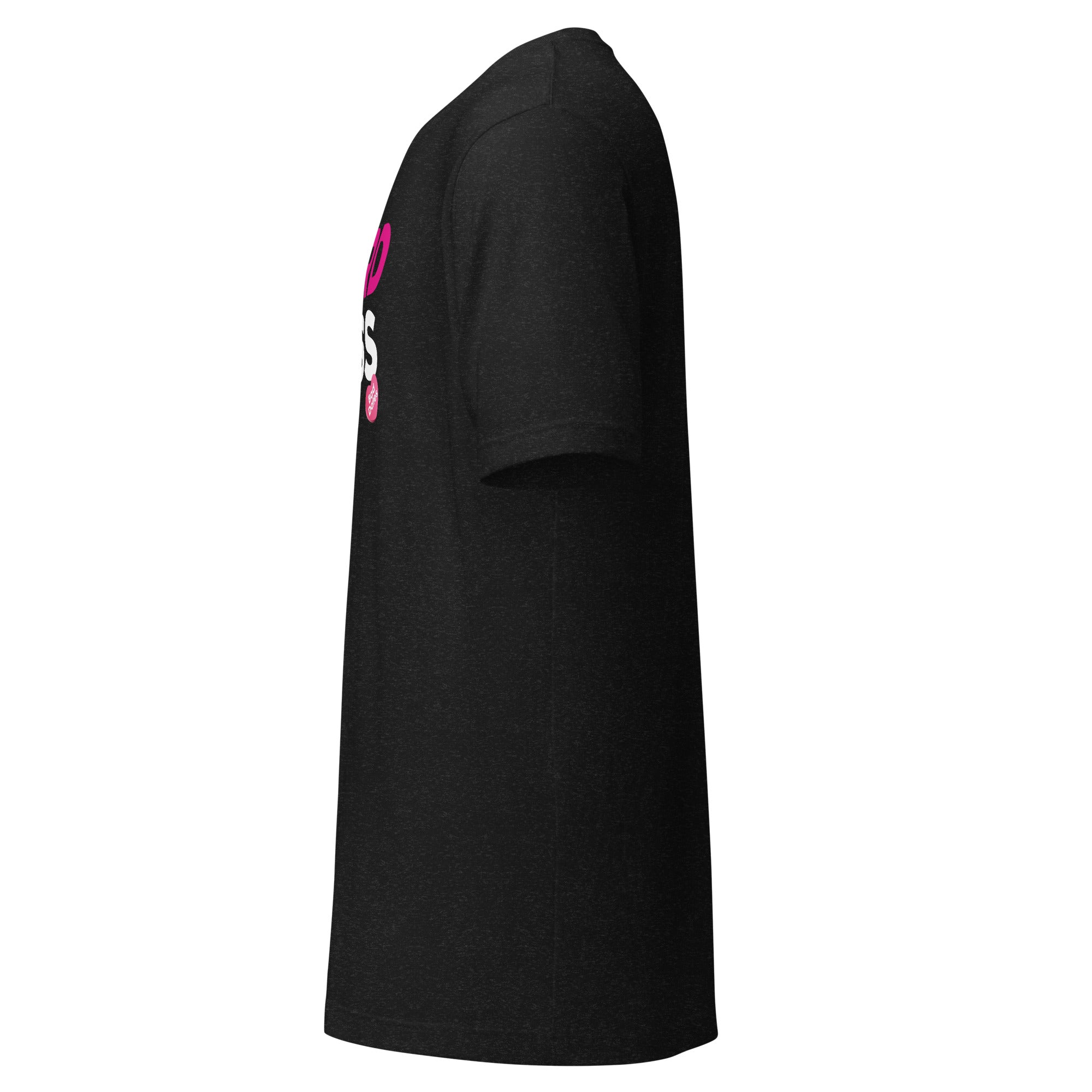 Black t-shirt displayed from the side, featuring pink and white text on the front.