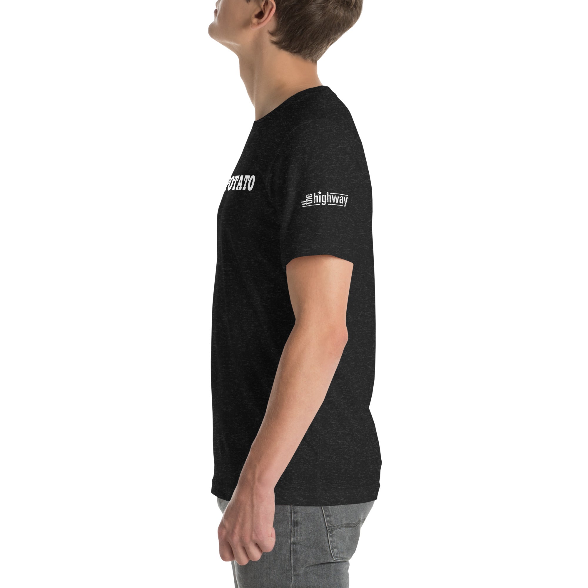 A side view of a model wearing the 'TEAM POTATO' t-shirt, showing the front design along with the 'The Highway' logo on the left sleeve.