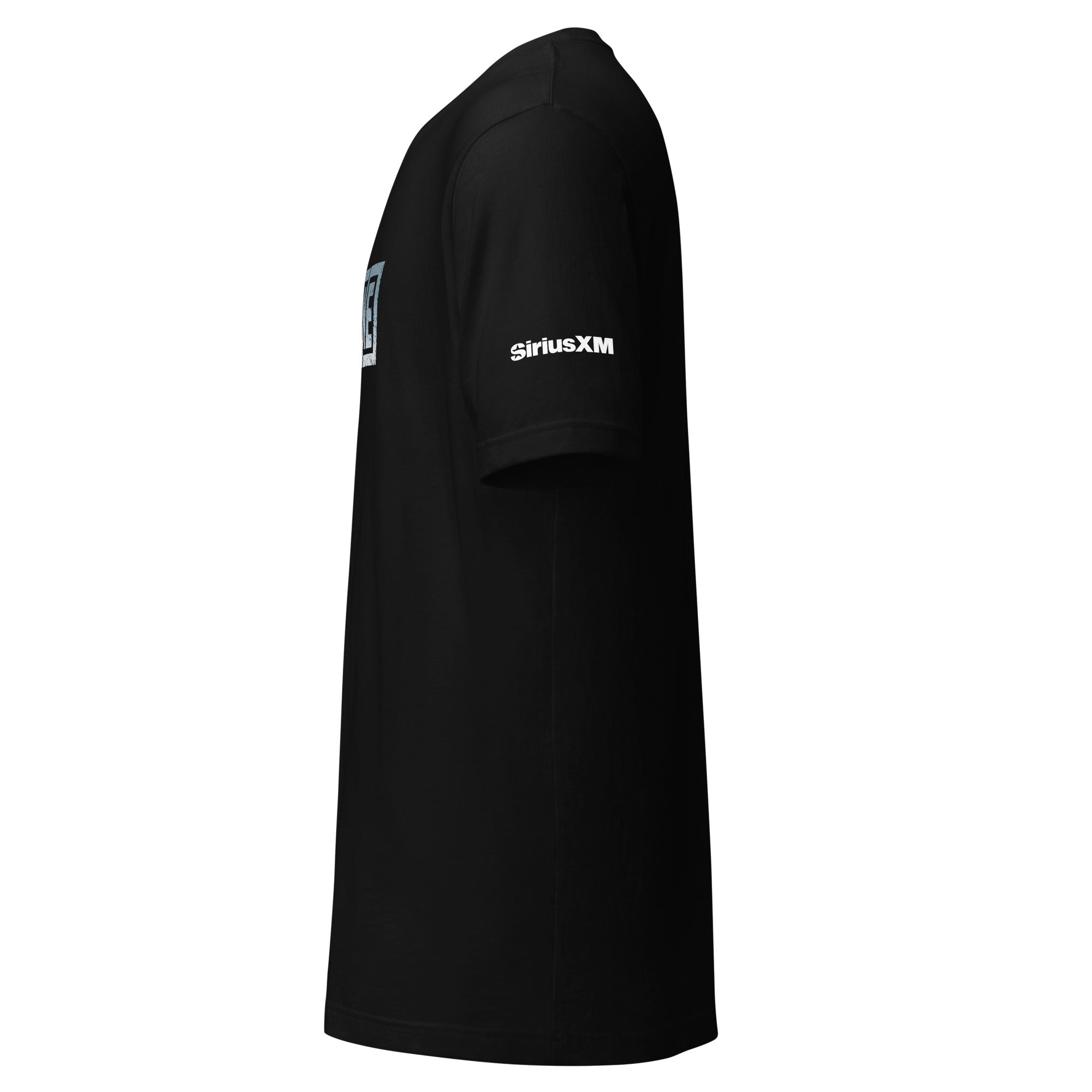 Black t-shirt displayed from the side with 'SiriusXM' logo on the sleeve.