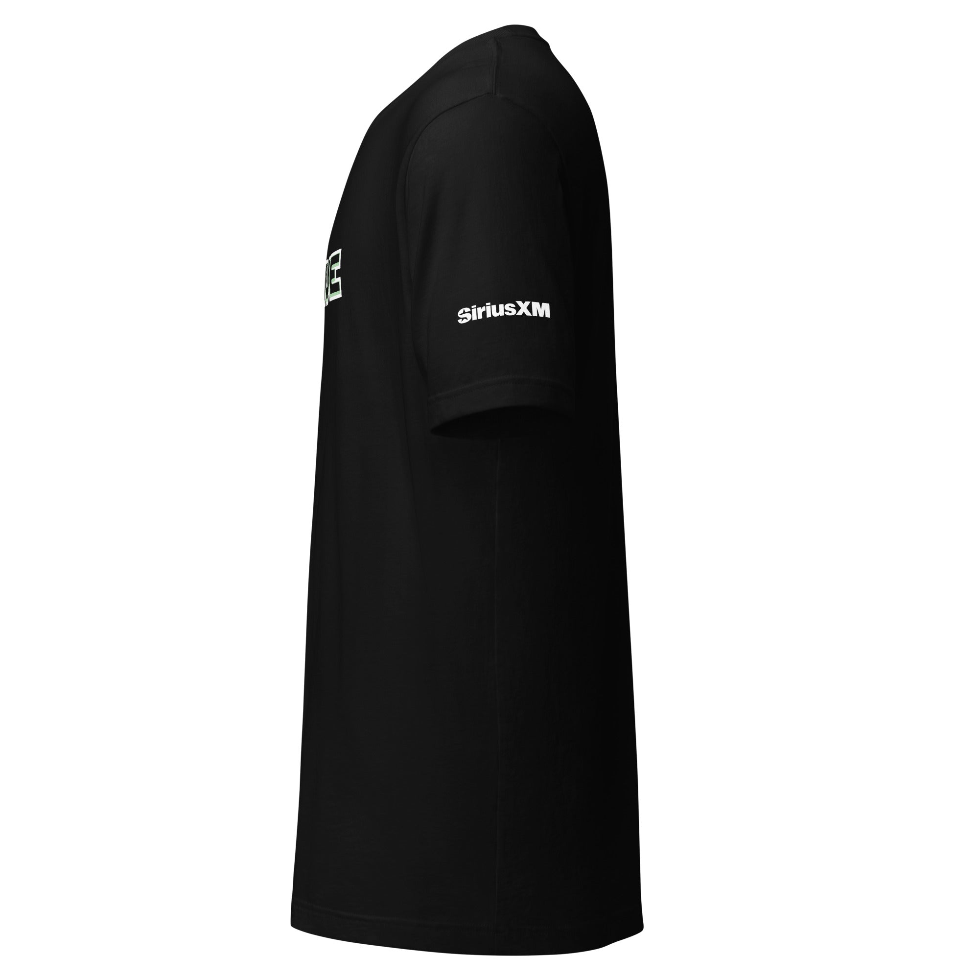 Black t-shirt with 'SiriusXM' logo on the sleeve, viewed from the side.