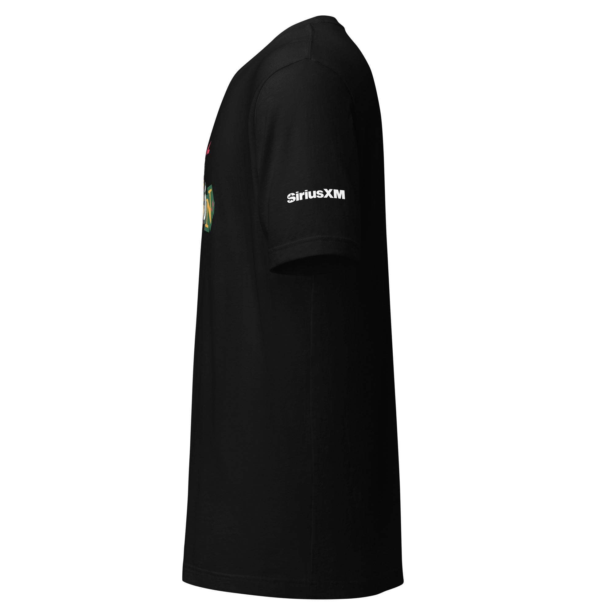 Black t-shirt with 'SiriusXM' logo on the sleeve, viewed from the side.