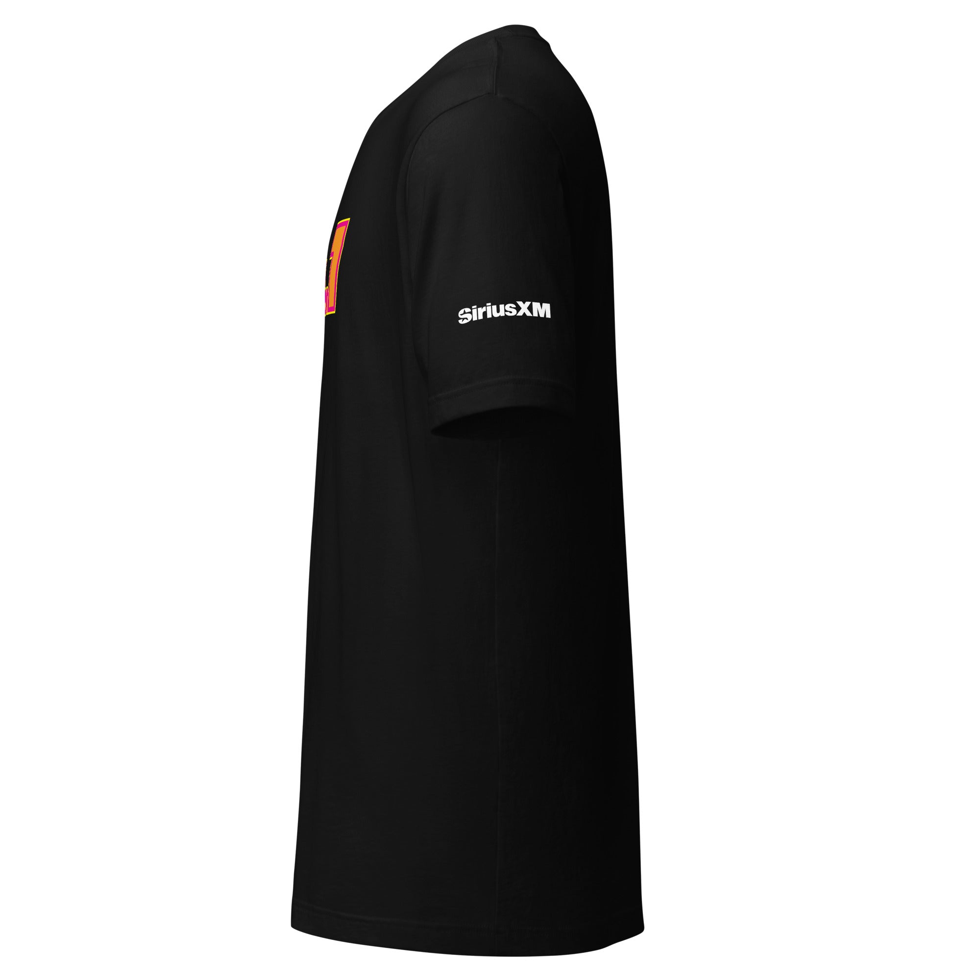 Black t-shirt featuring 'SiriusXM' logo, displayed in a side view.