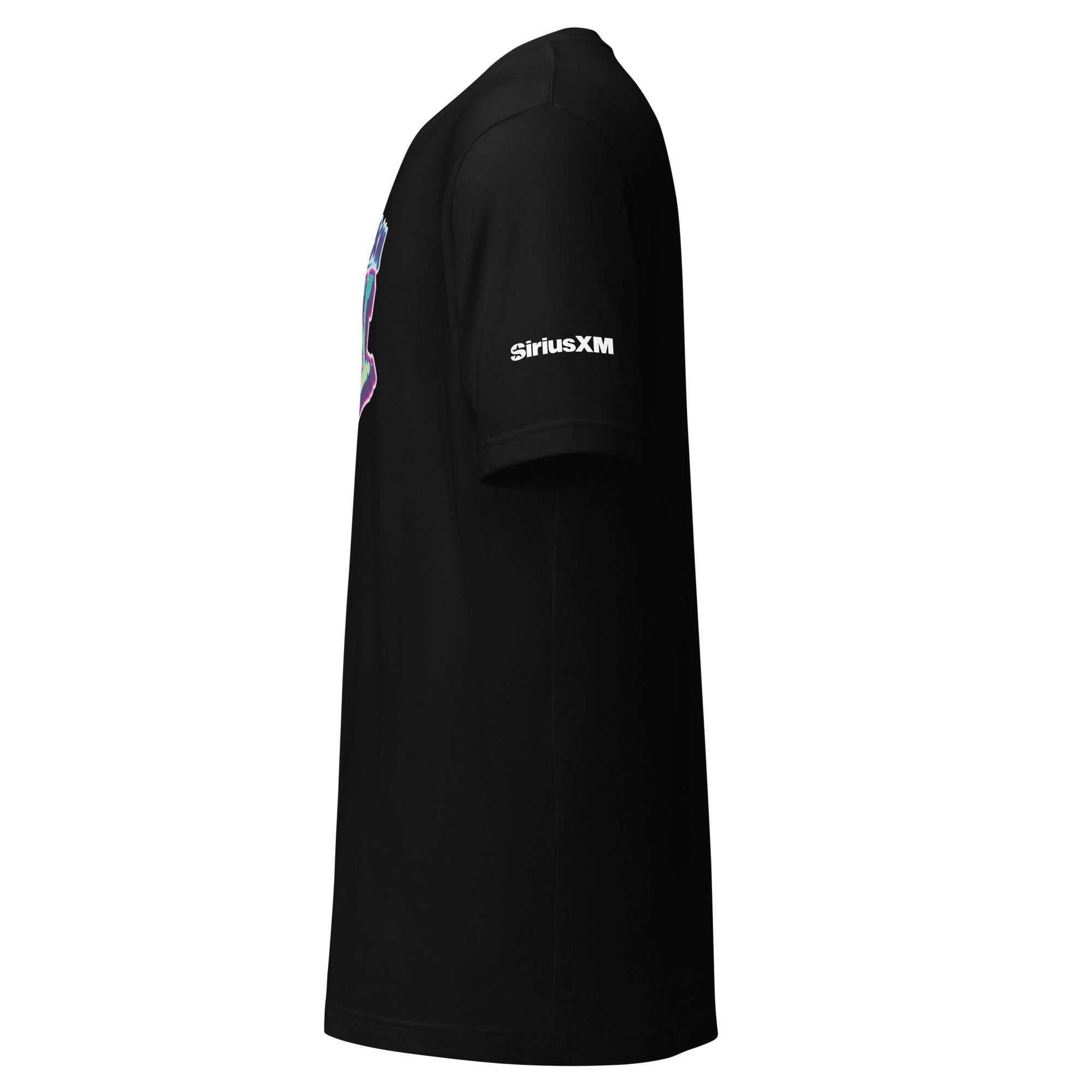 Black t-shirt viewed from the side, featuring 'SiriusXM' logo on the sleeve.