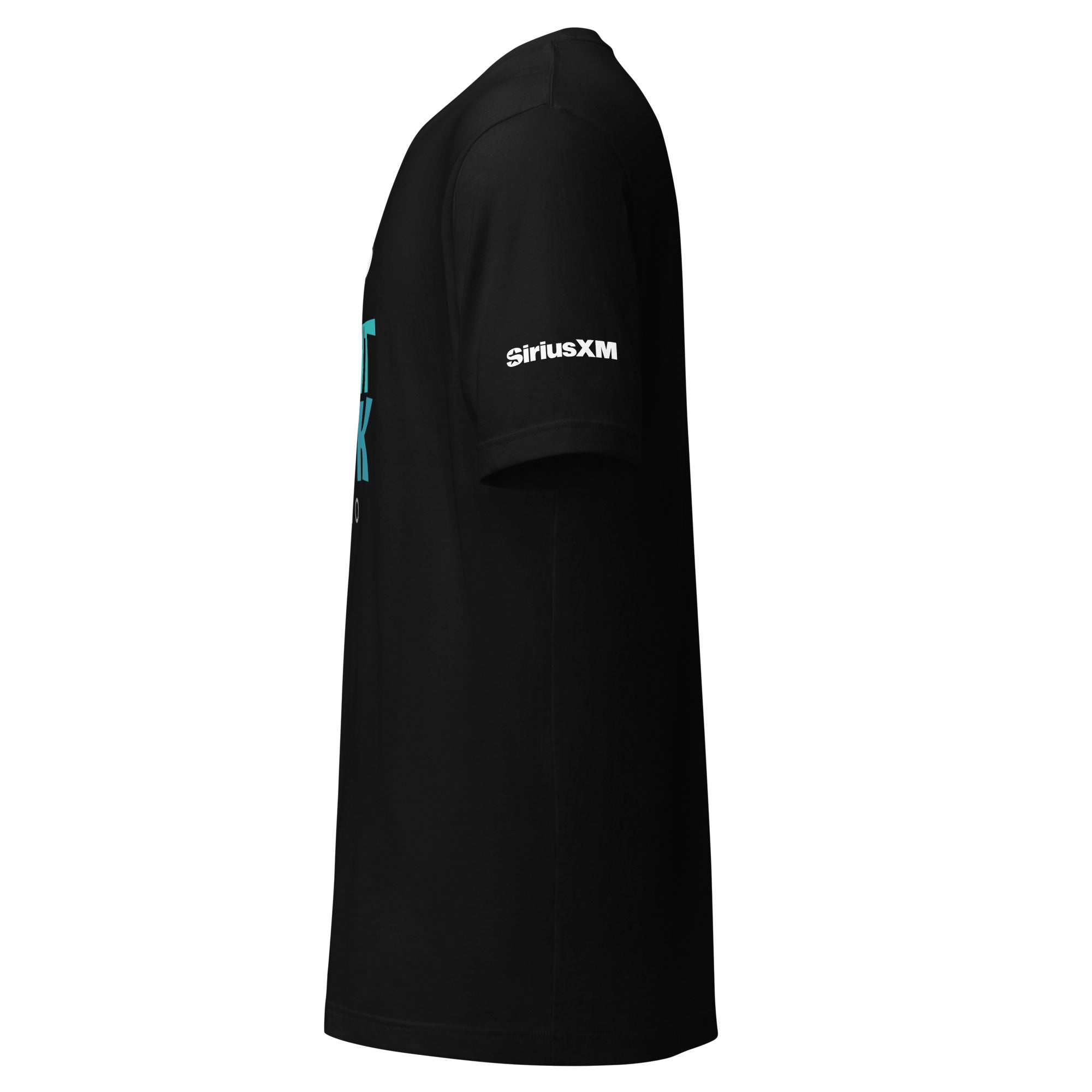 Black t-shirt with turquoise graphic on the front and 'SiriusXM' logo on the sleeve, shown from the side.