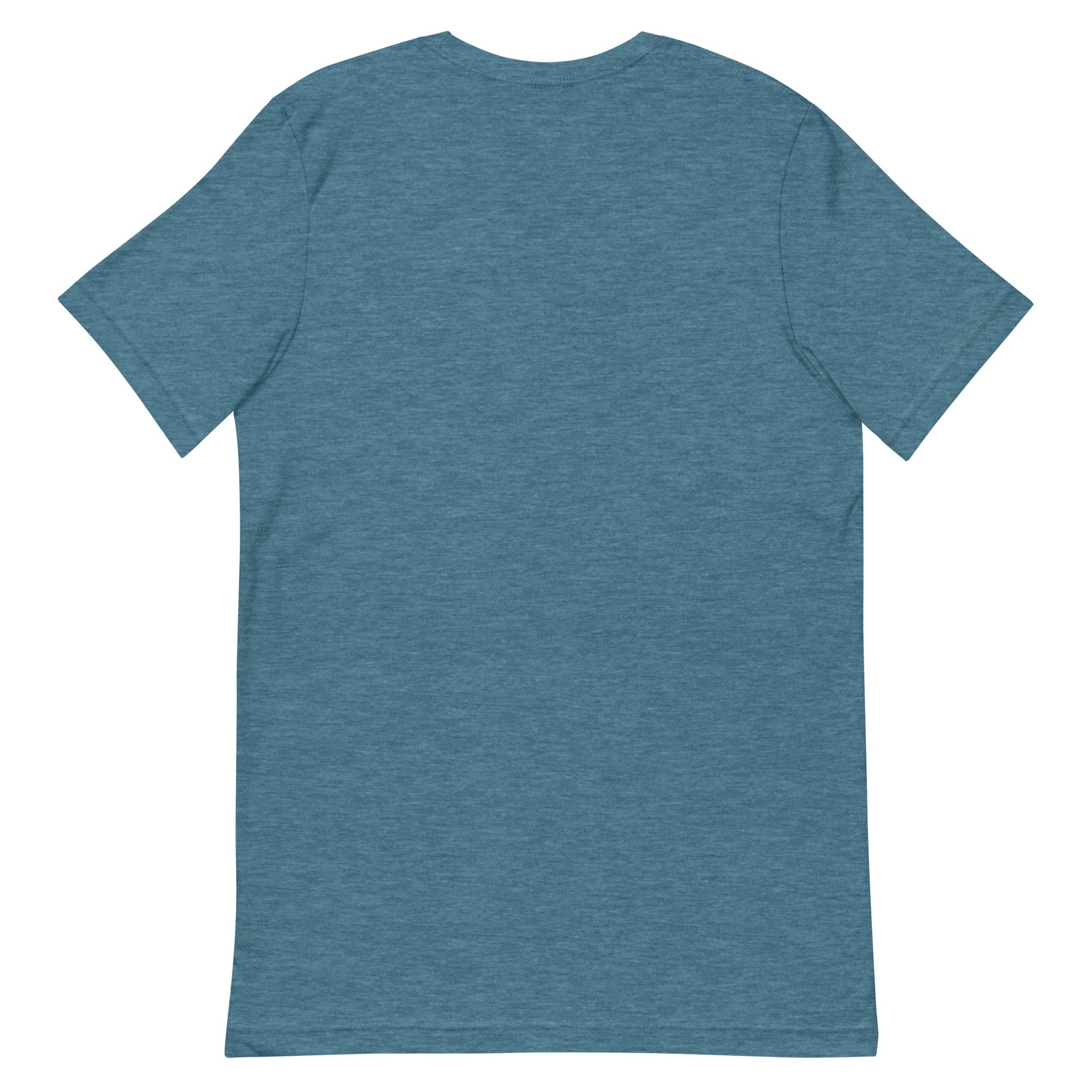 Back view of a deep heather teal t-shirt.