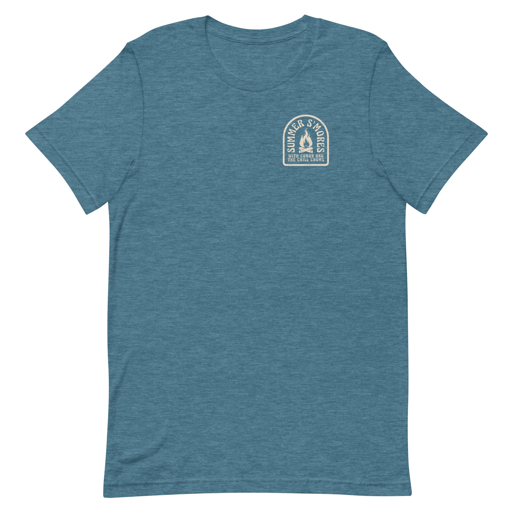 A deep heather teal t-shirt with a graphic design featuring a 'Summer S'mores' emblem with a flame on the left chest.