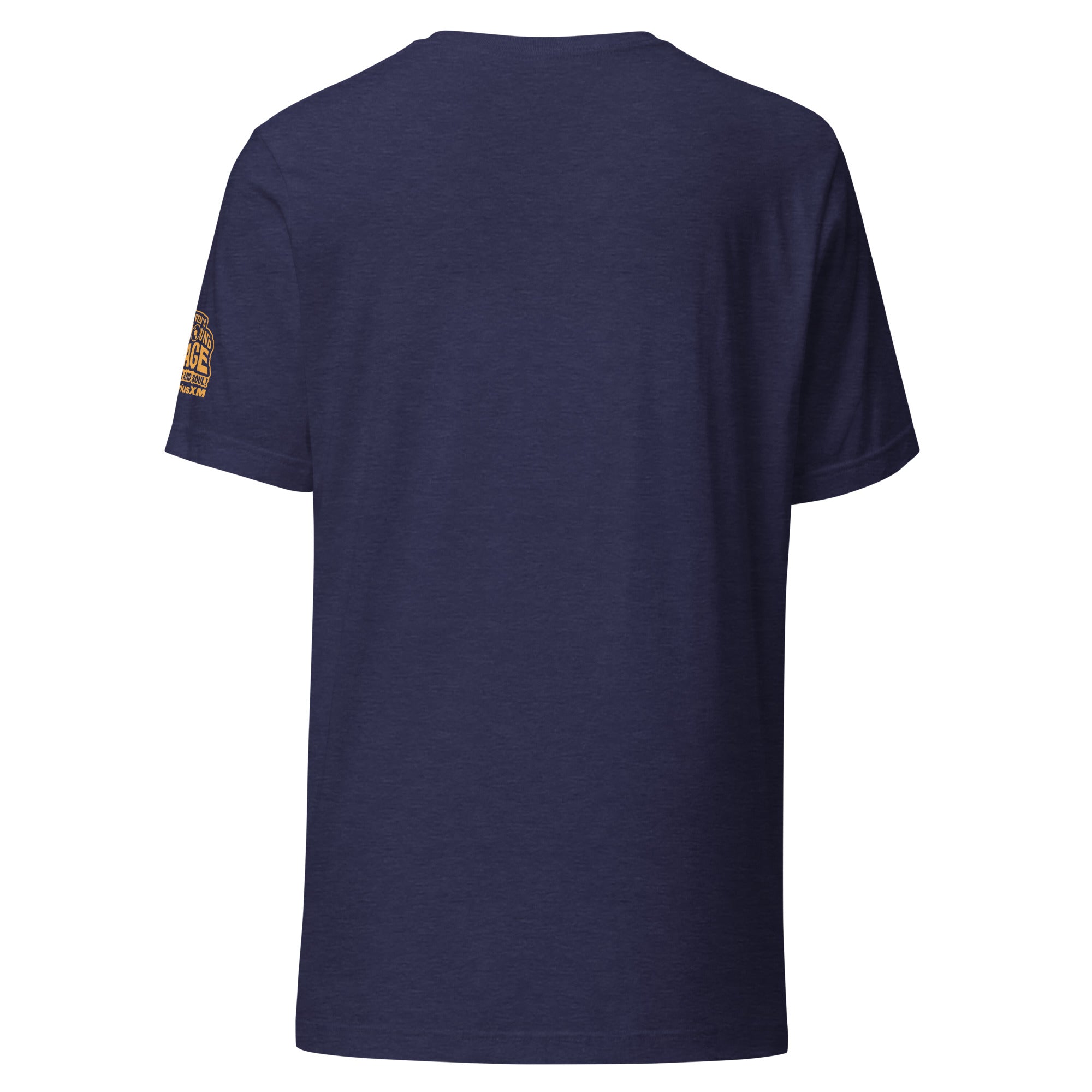 Back view of a navy blue t-shirt with a yellow design on the left sleeve.