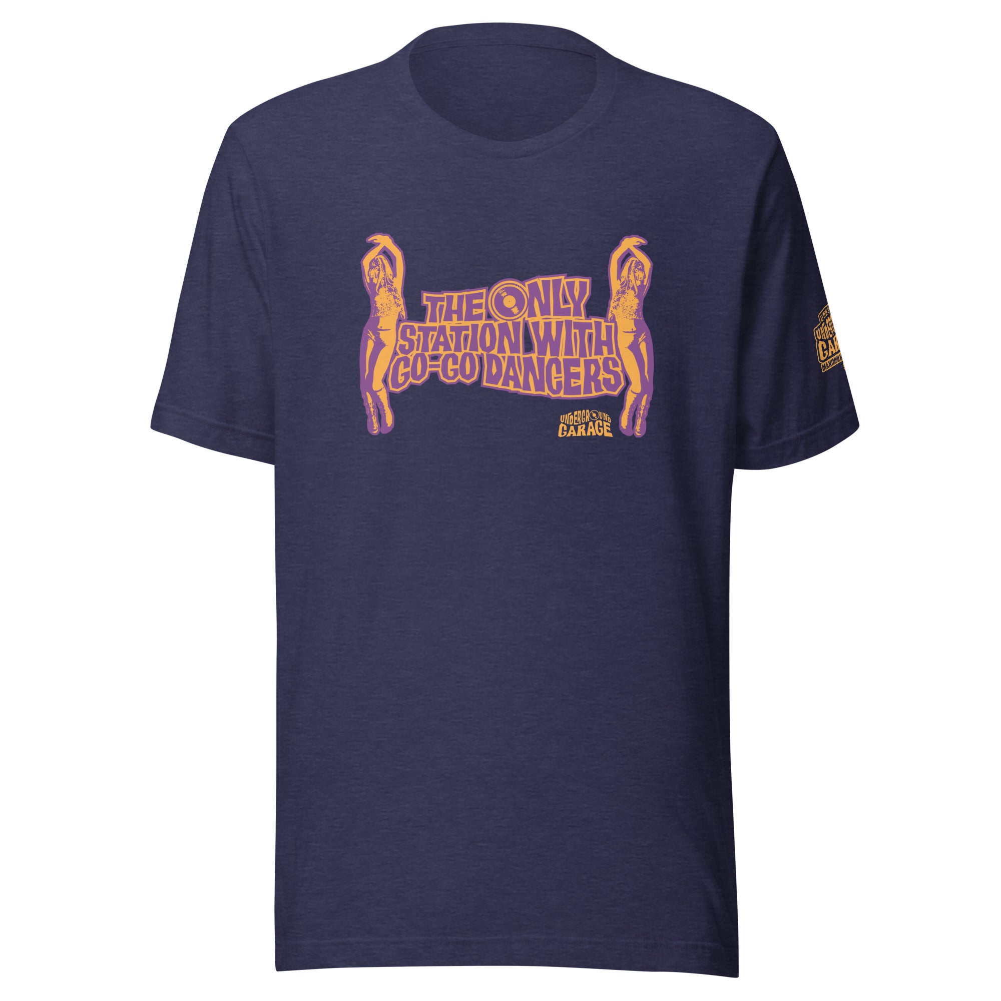 Navy blue t-shirt with 'THE ONLY STATION WITH GO-GO DANCERS' in purple and orange and illustrations of dancers on either side.