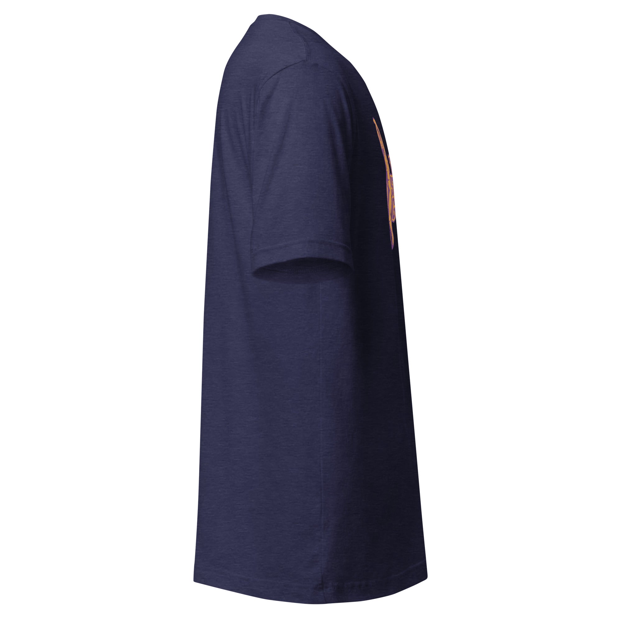 Side view of a navy blue t-shirt.