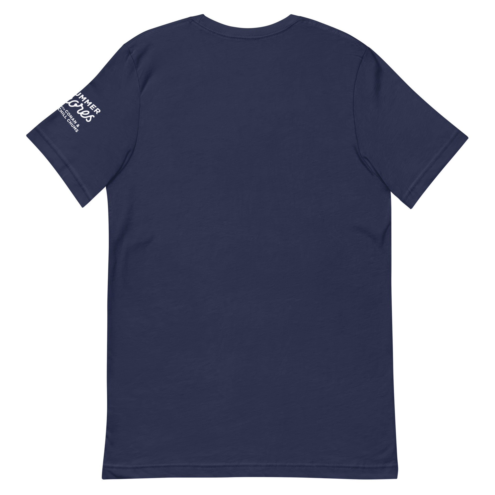 Navy blue t-shirt with logo in white on left sleeve.