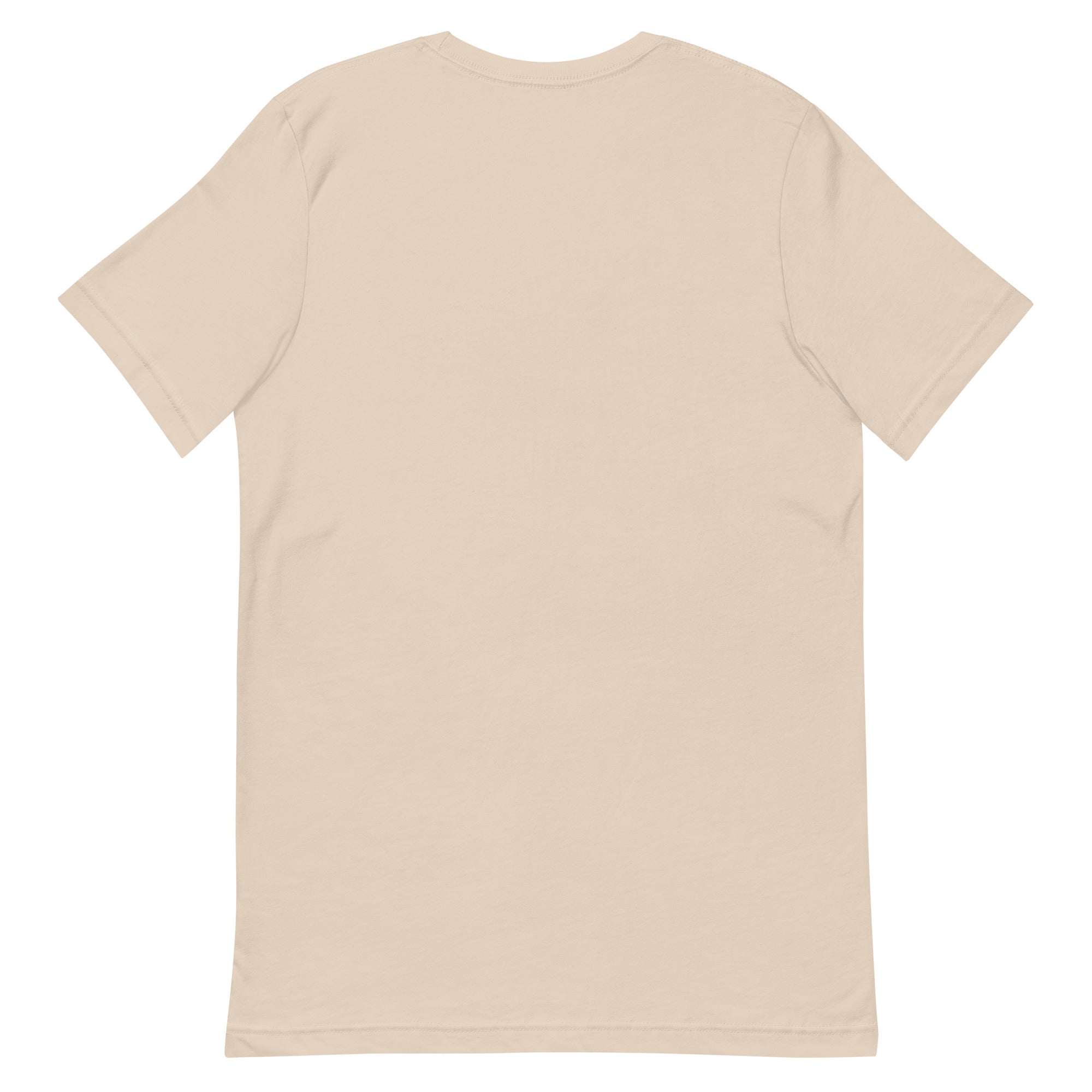 A plain beige t-shirt, viewed from the back.