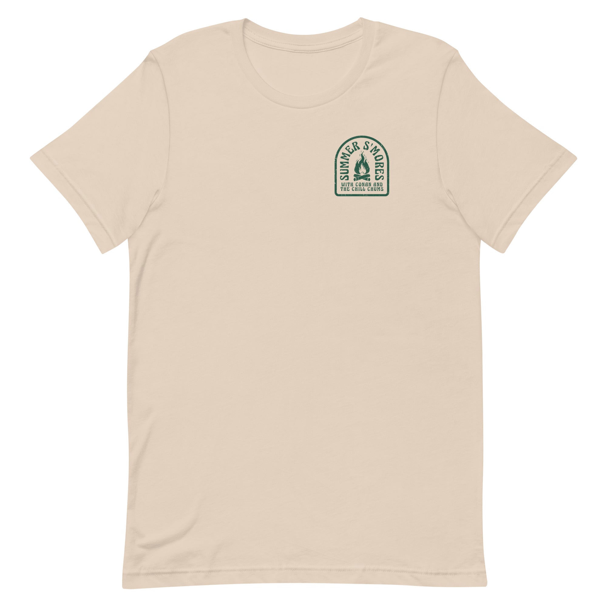 Beige T-shirt with a green graphic emblem featuring a flame and the text 'SUMMER S'MORES'.