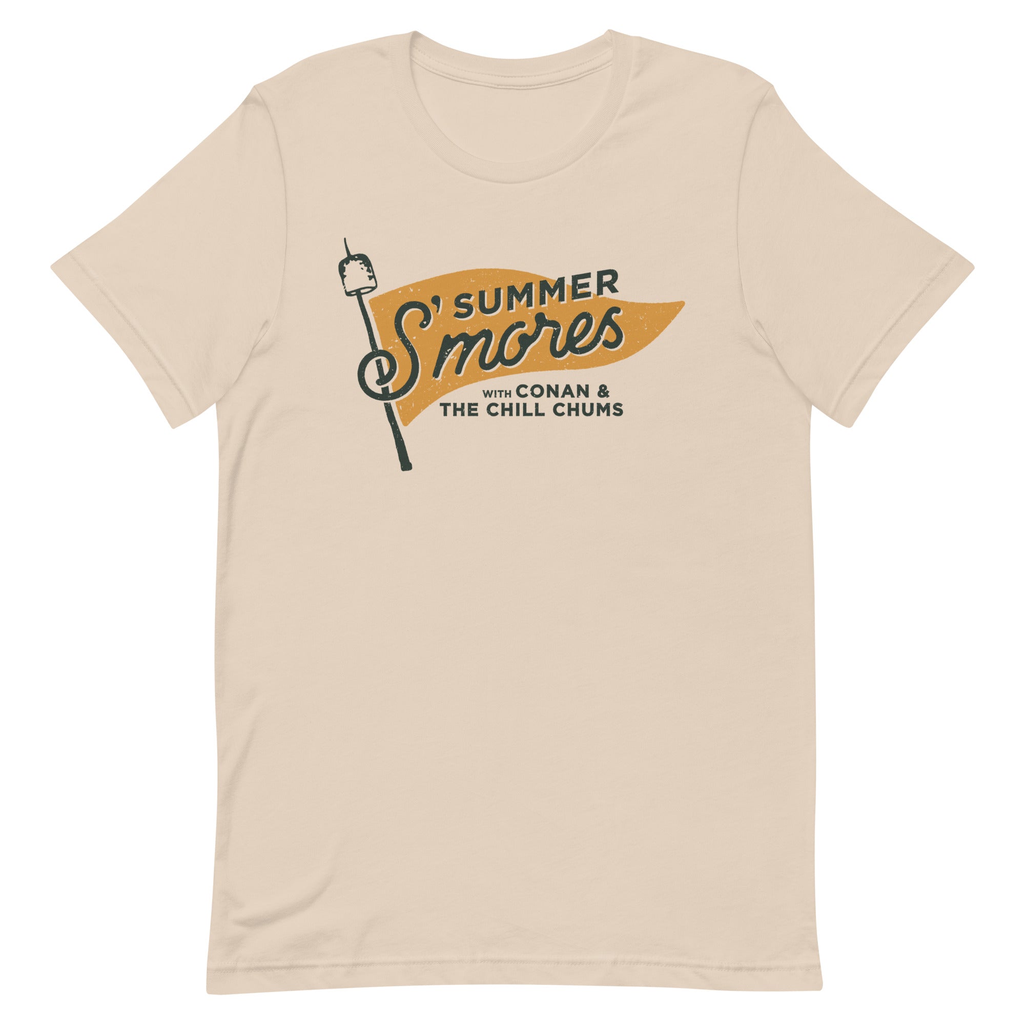 T-shirt featuring a graphic that says 'Summer S'mores with Conan & The Chill Chums' with a roasted marshmallow on a stick.