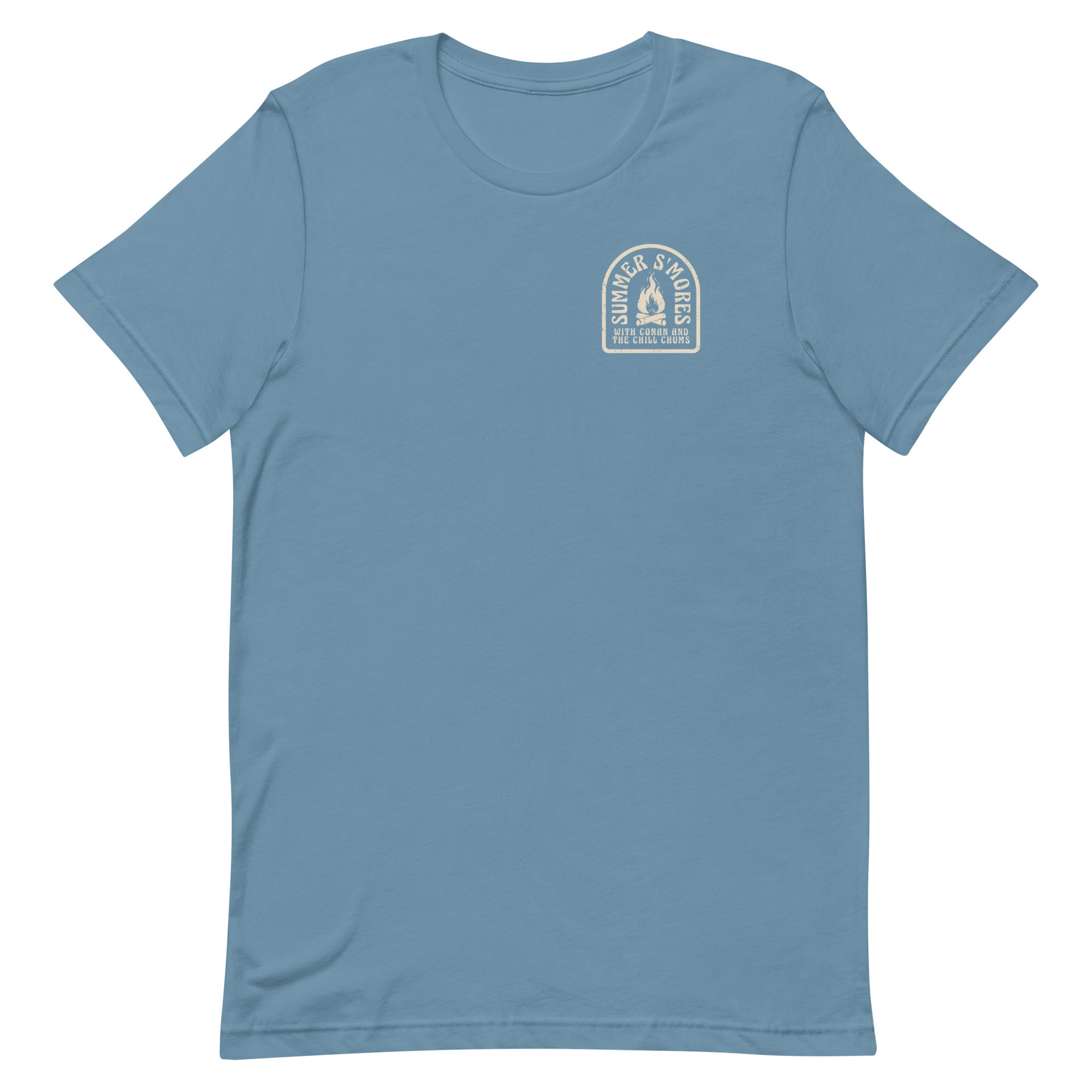 A light blue t-shirt with a graphic design featuring a 'Summer S'mores' emblem with a flame on the left chest.