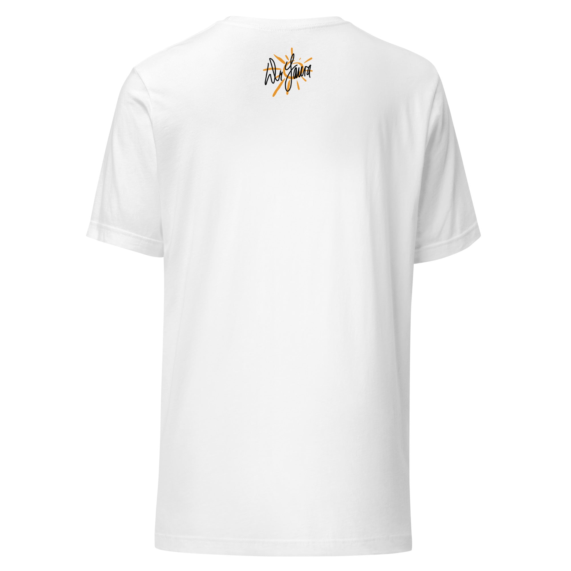 White t-shirt featuring a 'Dr. Laura' signature with sunburst graphic on the upper back.