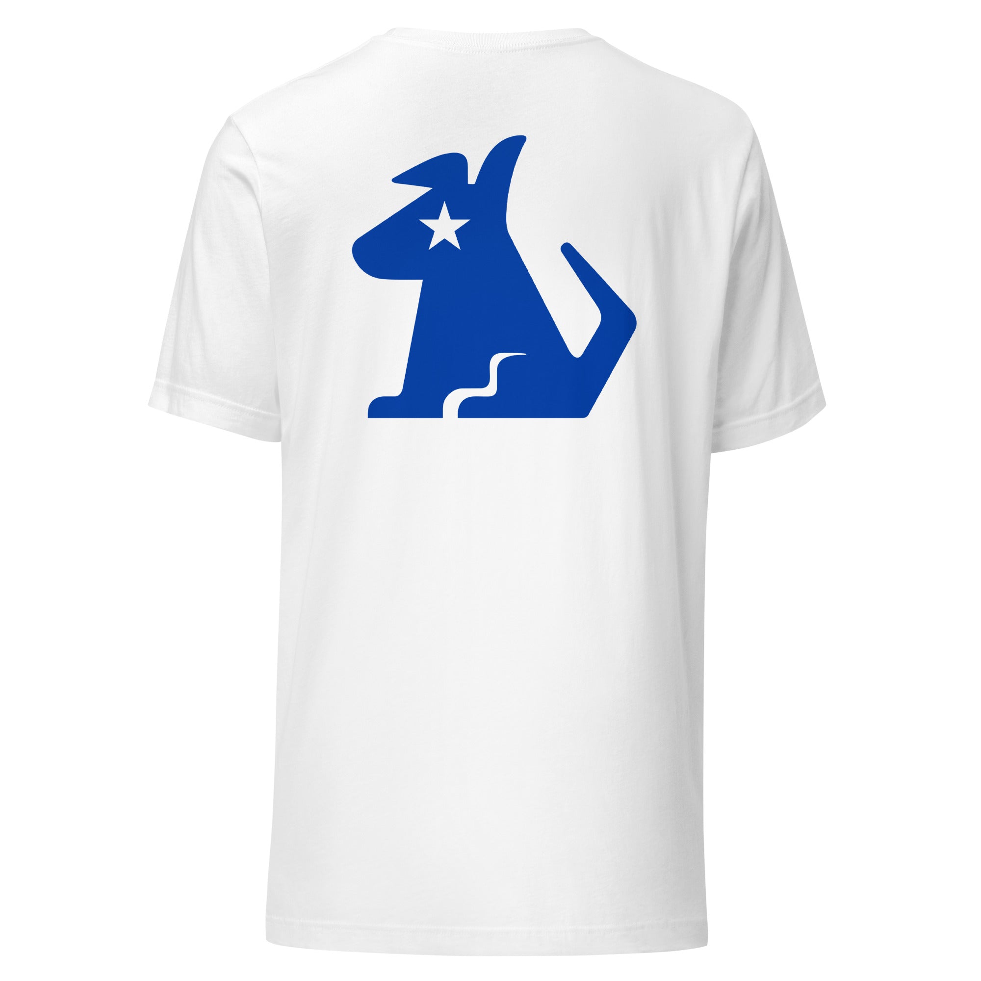 White t-shirt with a blue dog silhouette and star design on the back.