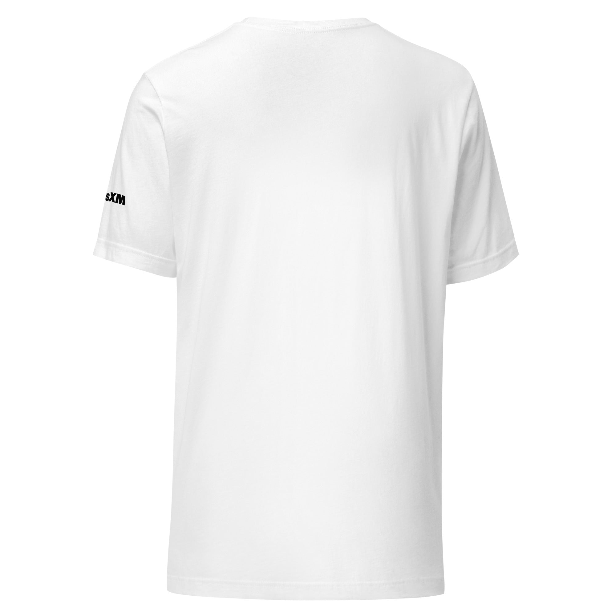 Back view of a plain white t-shirt with short sleeves and a small black logo on the left sleeve.