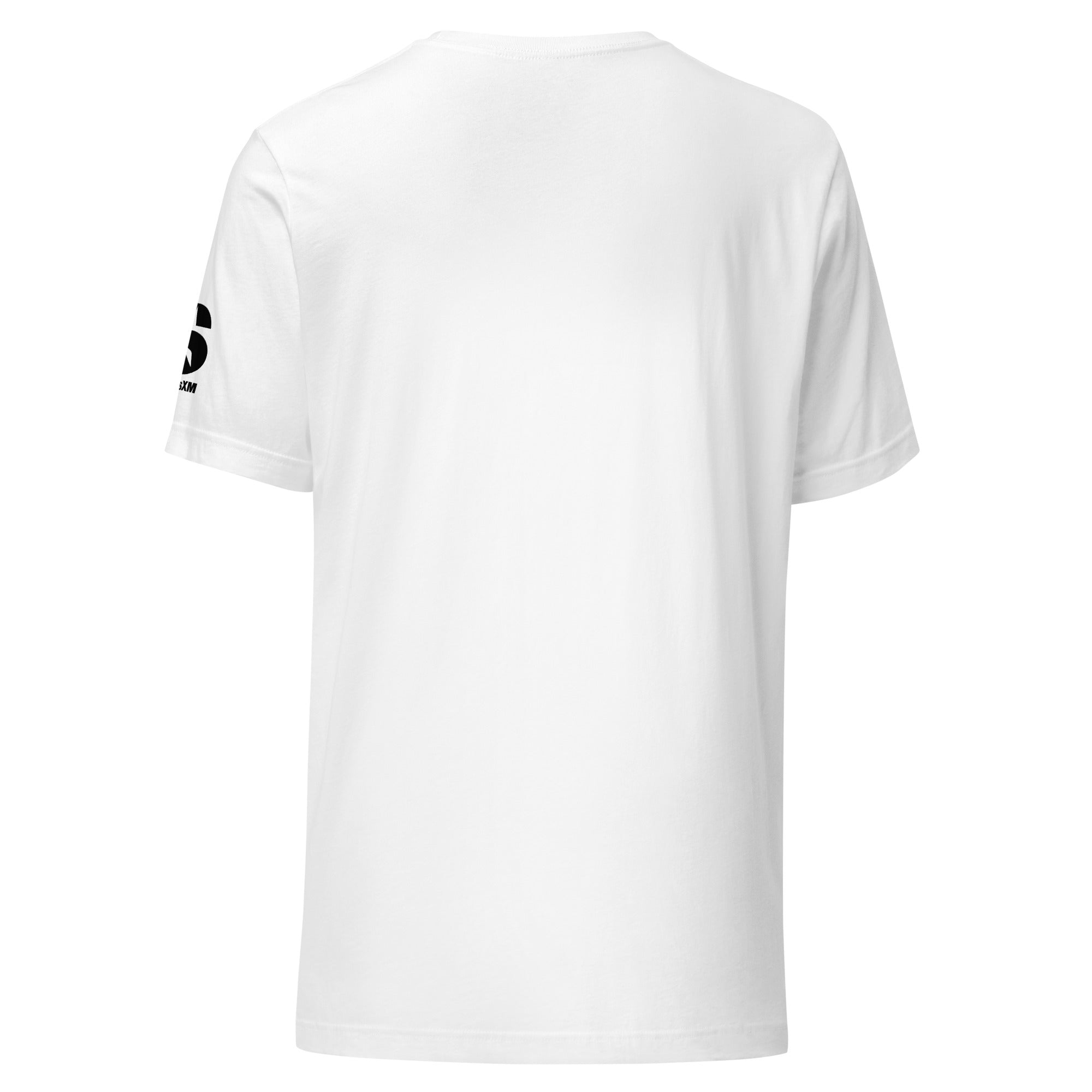 Back view of a plain white t-shirt with short sleeves and a logo on the left sleeve.