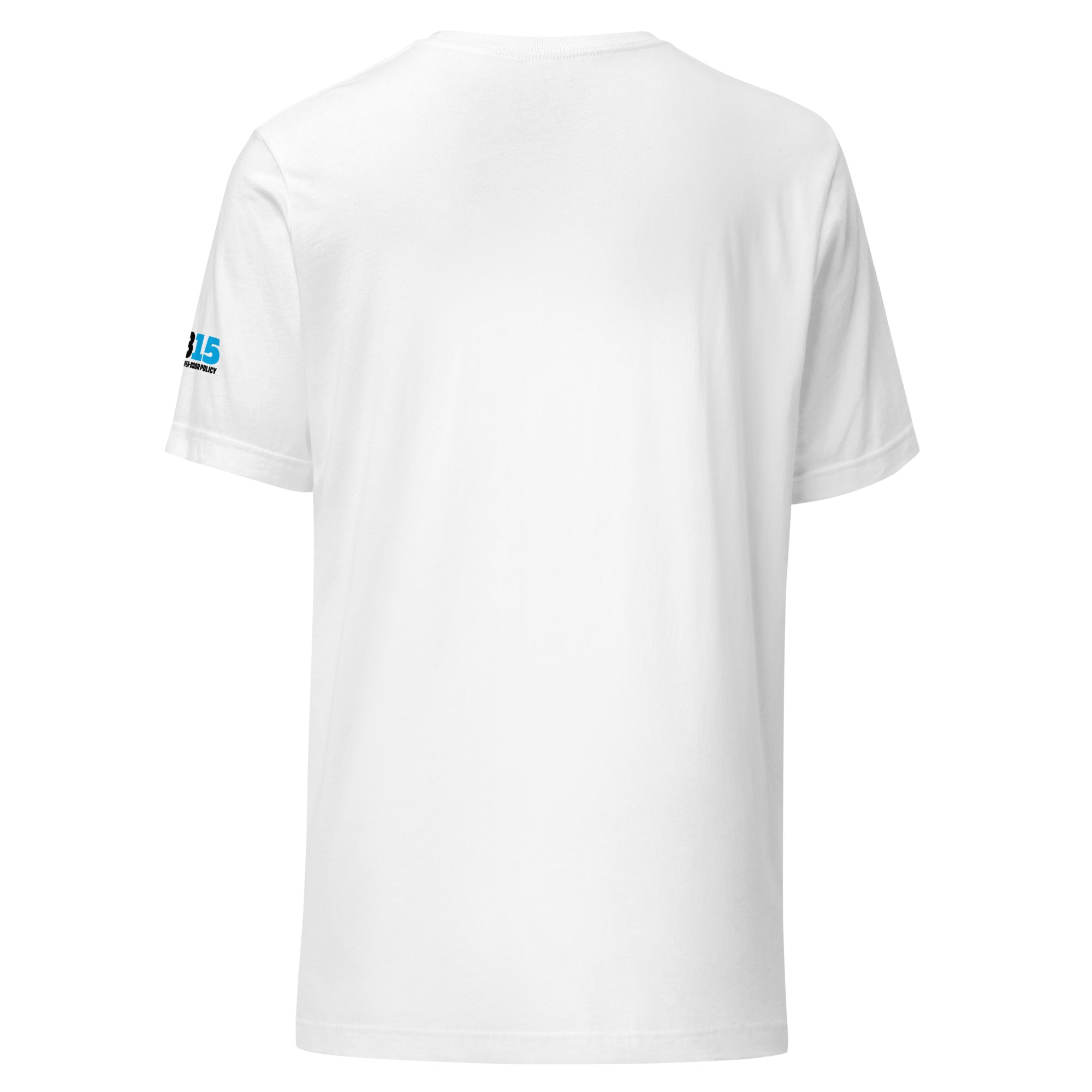 Backside of a white t-shirt with short sleeves, partially featuring a logo on the left sleeve.