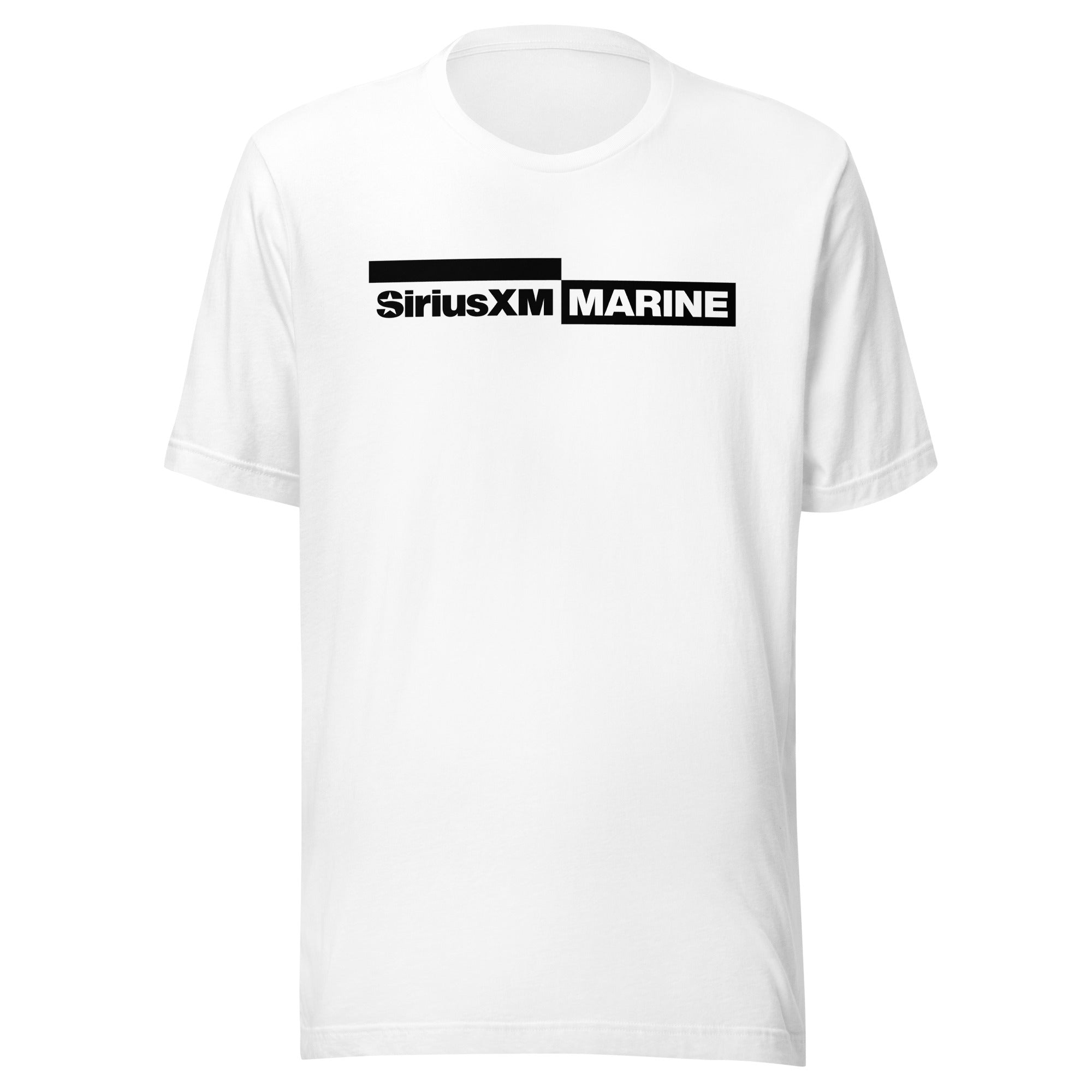 White t-shirt featuring the text 'SiriusXM MARINE' in black.