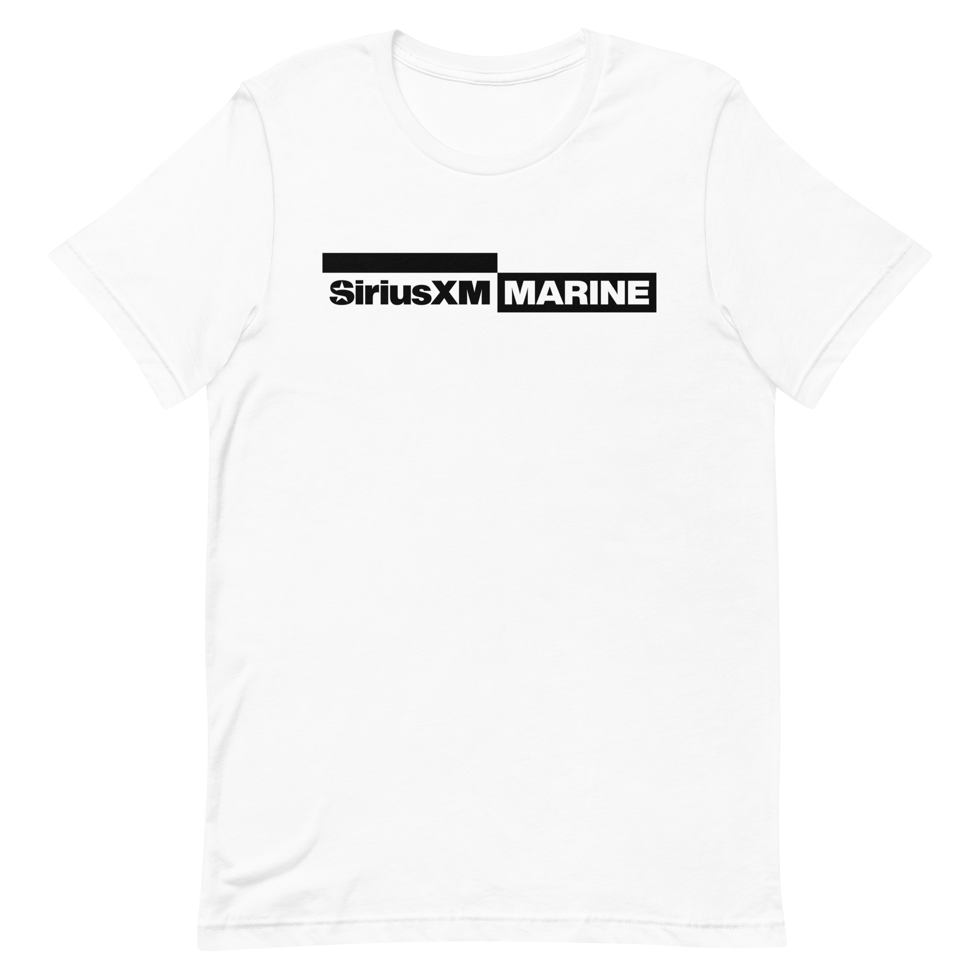 White t-shirt with black 'SiriusXM MARINE' logo printed in black on the front.