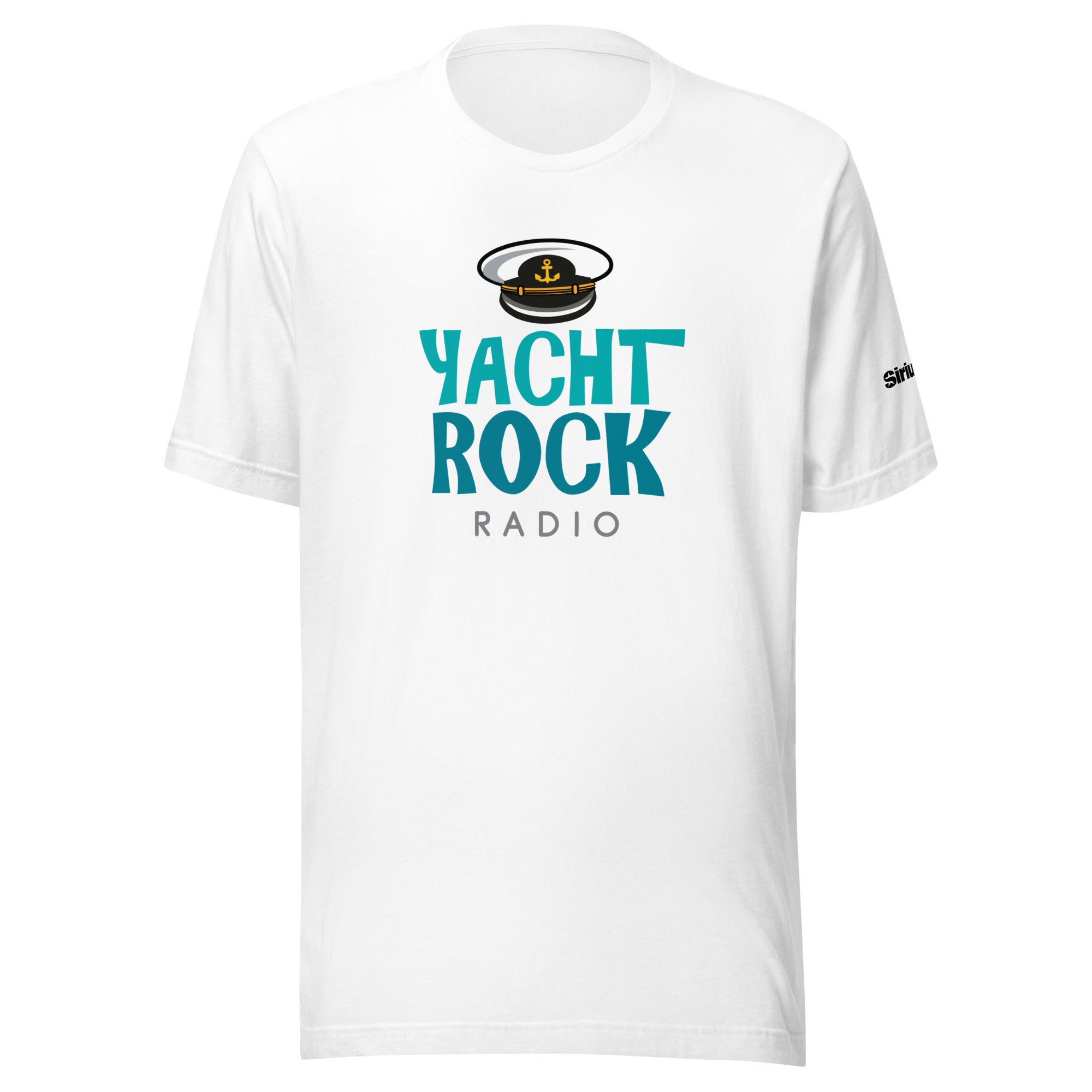 White t-shirt featuring 'Yacht Rock Radio' text in tourquoise and a captain's hat graphic.