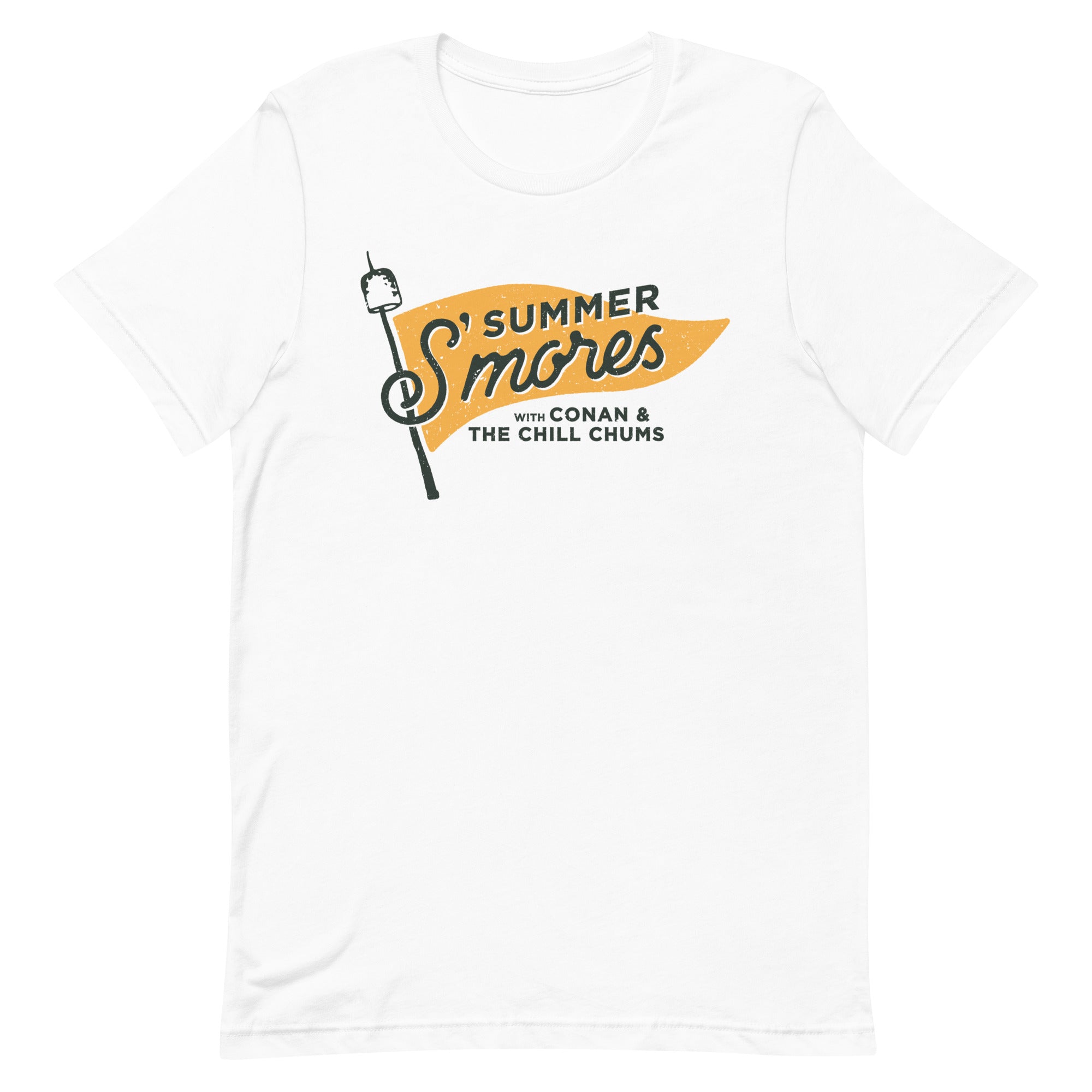 White t-shirt featuring the text 'SUMMER S'mores with Conan & The Chill Chums' along with a graphics of a marshmallow on a stick.