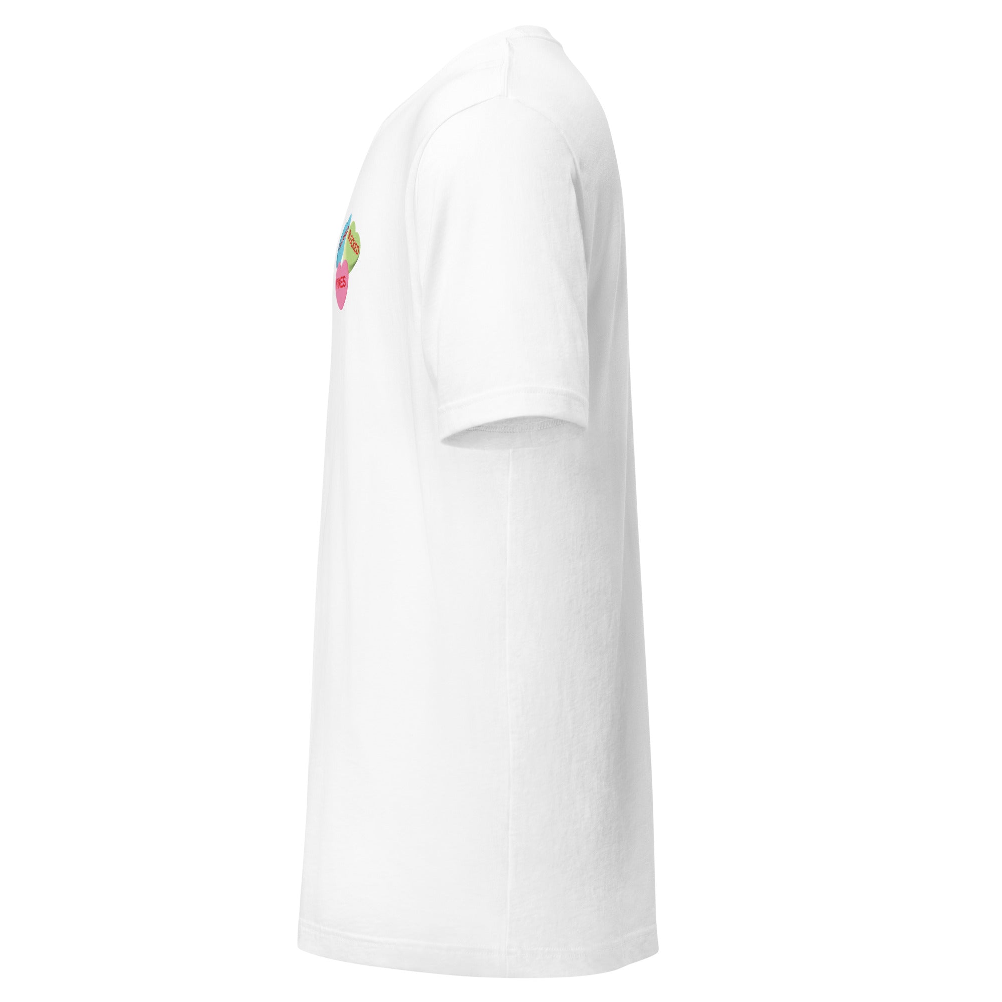 Side view of white t-shirt with three colorful hearts on the left chest