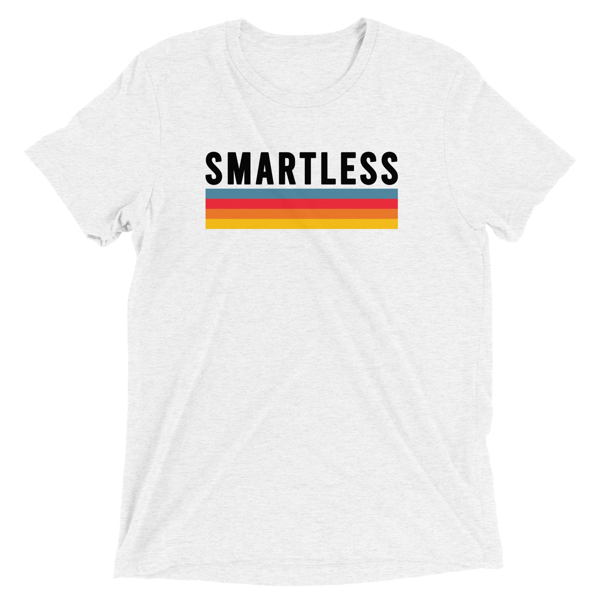 T-shirt featuring the word 'SMARTLESS' above colorful horizontal stripes in blue, red, orange, yellow, and on a white background.