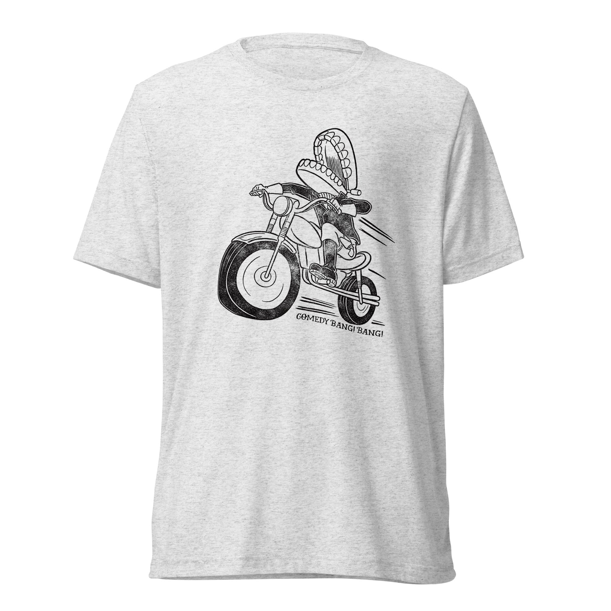 LIght grey graphic tee featuring a cartoon character riding a motorcycle with the text 'COMEDY BANG! BANG!' above.