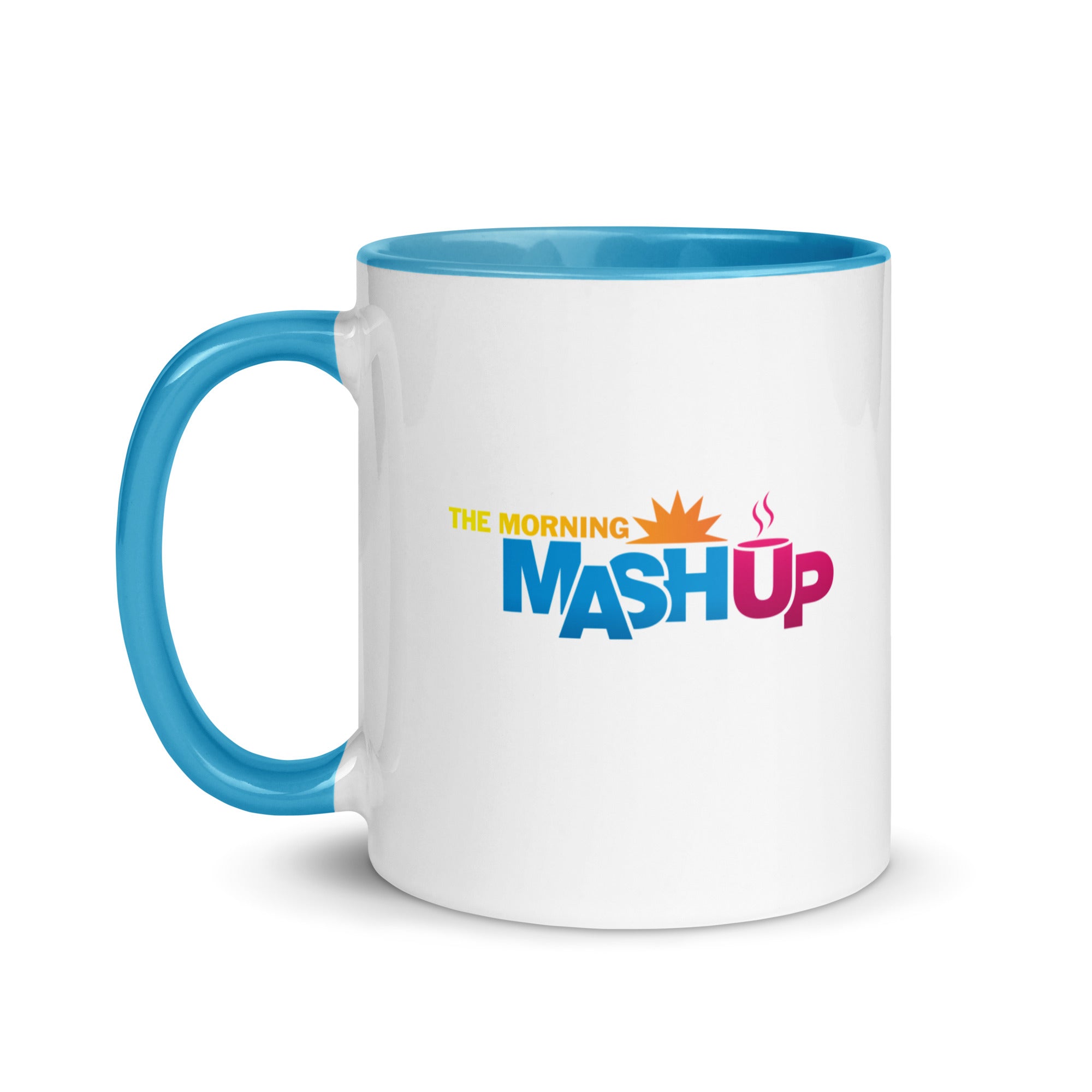 White mug with a blue interior and handle, featuring a multi-colored 'THE MORNING MASH UP' logo in yellow, orange, blue, and pink.