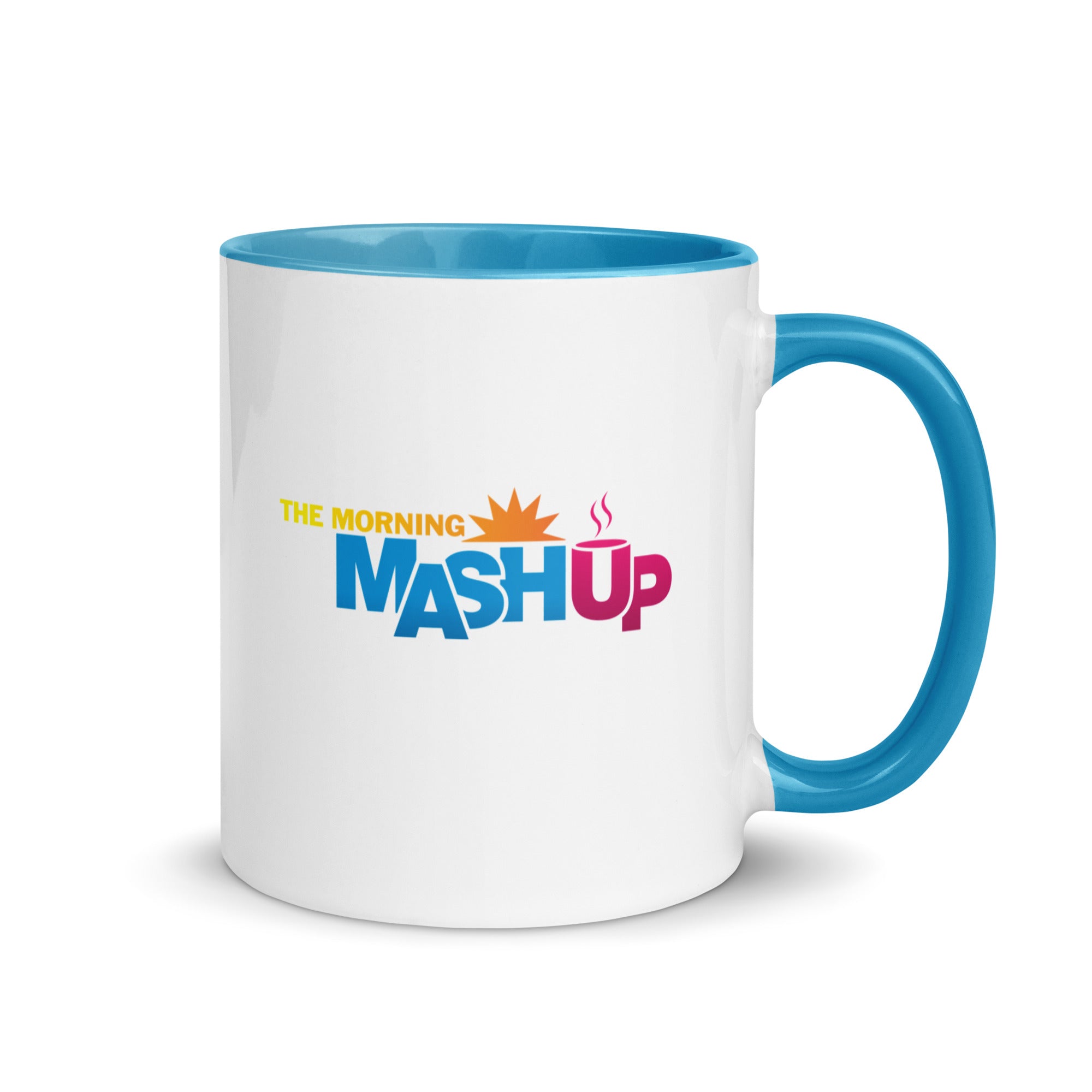 A white mug with a blue interior and handle, featuring a multi-colored 'THE MORNING MASH UP' logo in yellow, orange, blue, and pink.