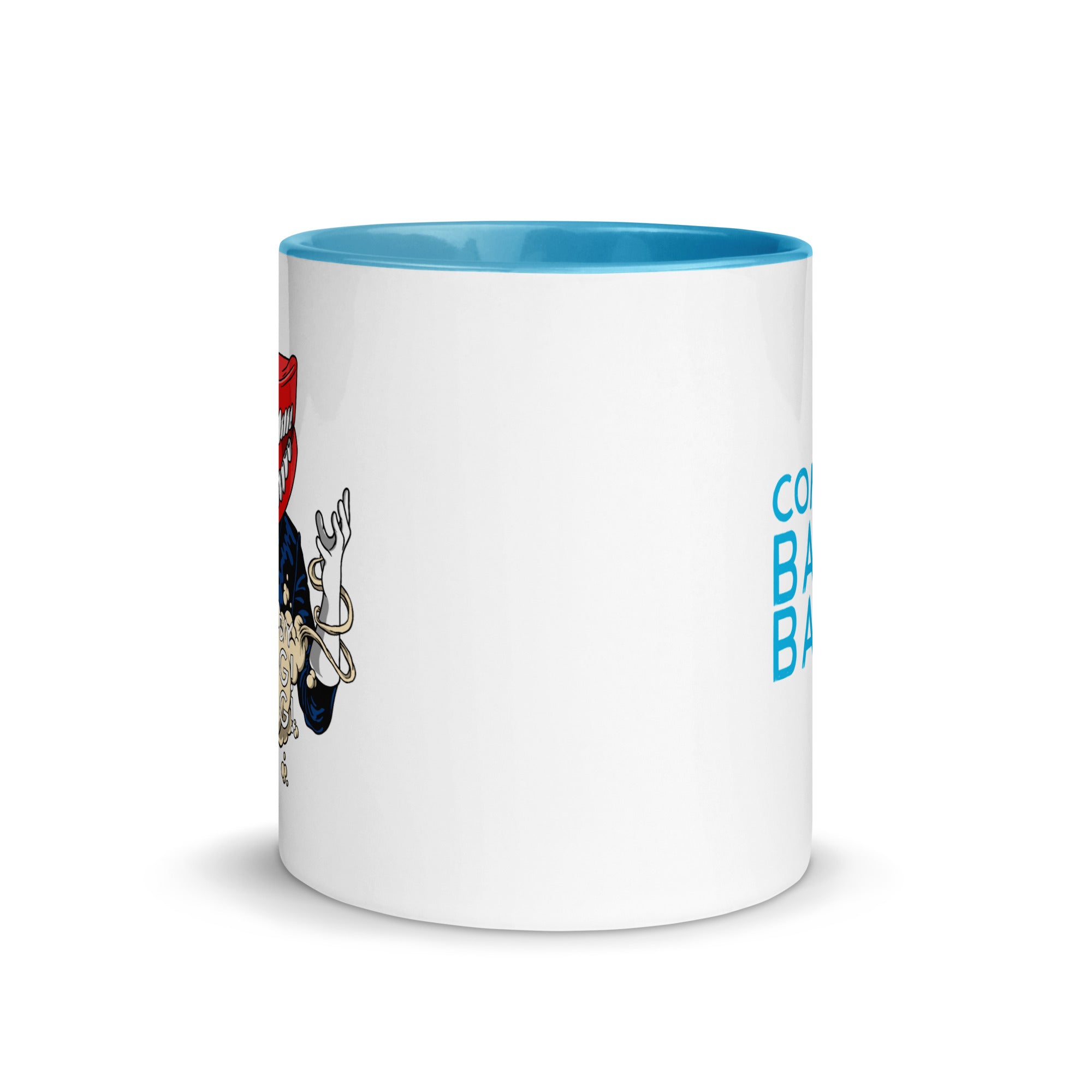 Side view of white mug with blue interior, partially featuring front and back side designs.