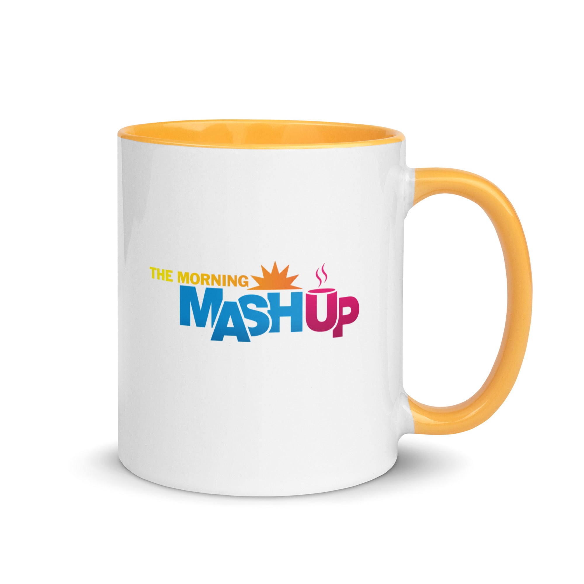 A white mug with a yellow interior and handle, featuring a multi-colored 'THE MORNING MASH UP' logo in yellow, orange, blue, and pink.