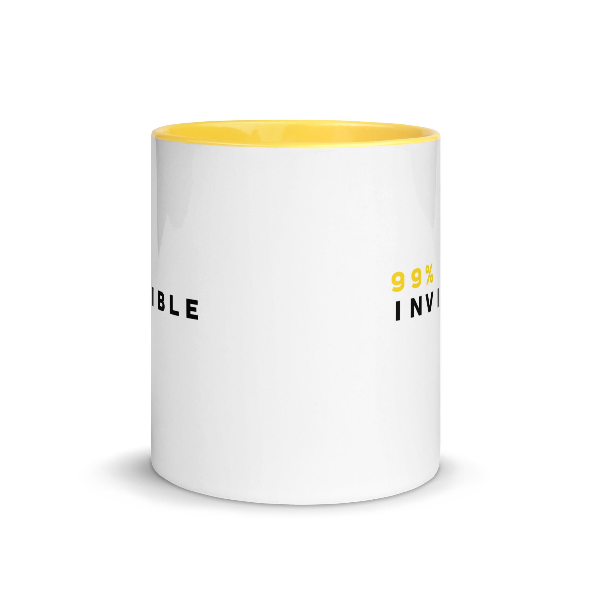 Mug with a white body and yellow interior and handle featuring the text '99% INVISIBLE' on opposite sides.