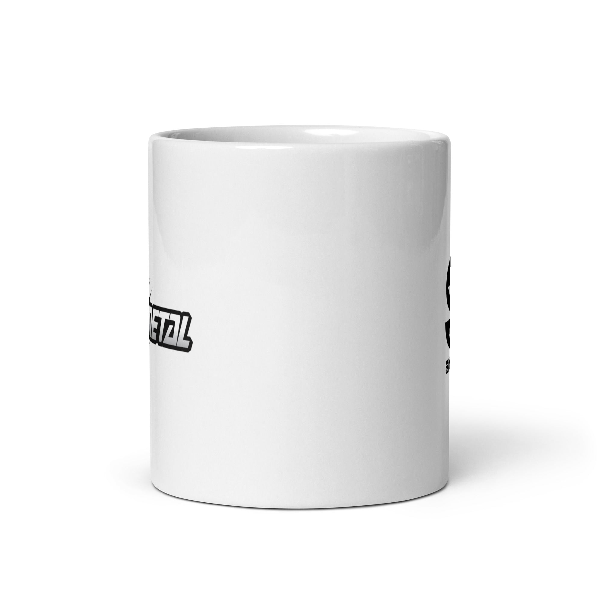 White ceramic mug. View opposite of handle.