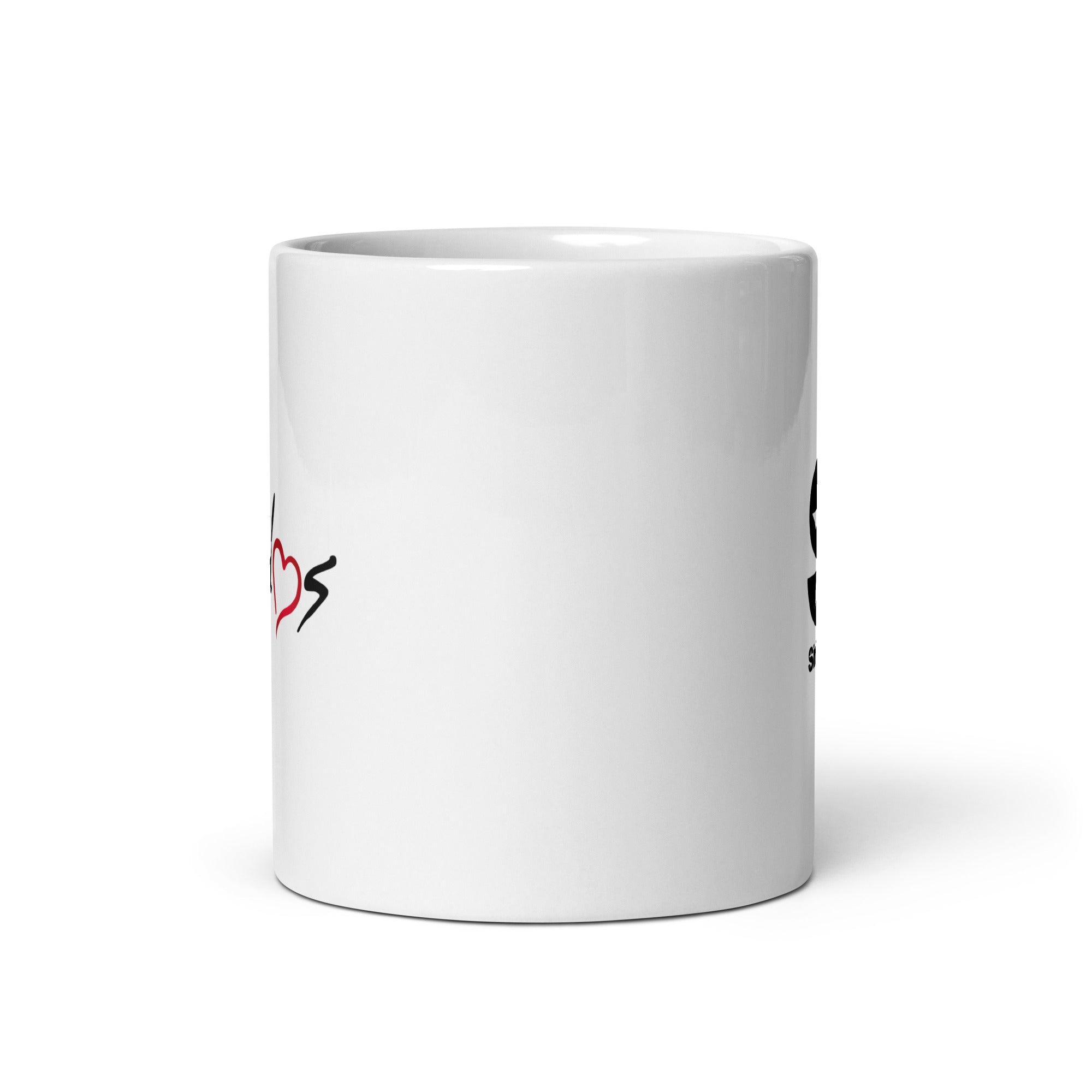 White ceramic mug. View opposite of handle.