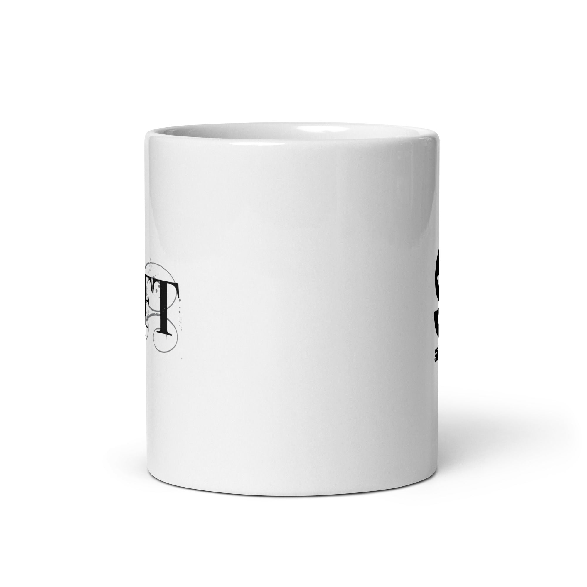 White ceramic mug. View opposite of handle.