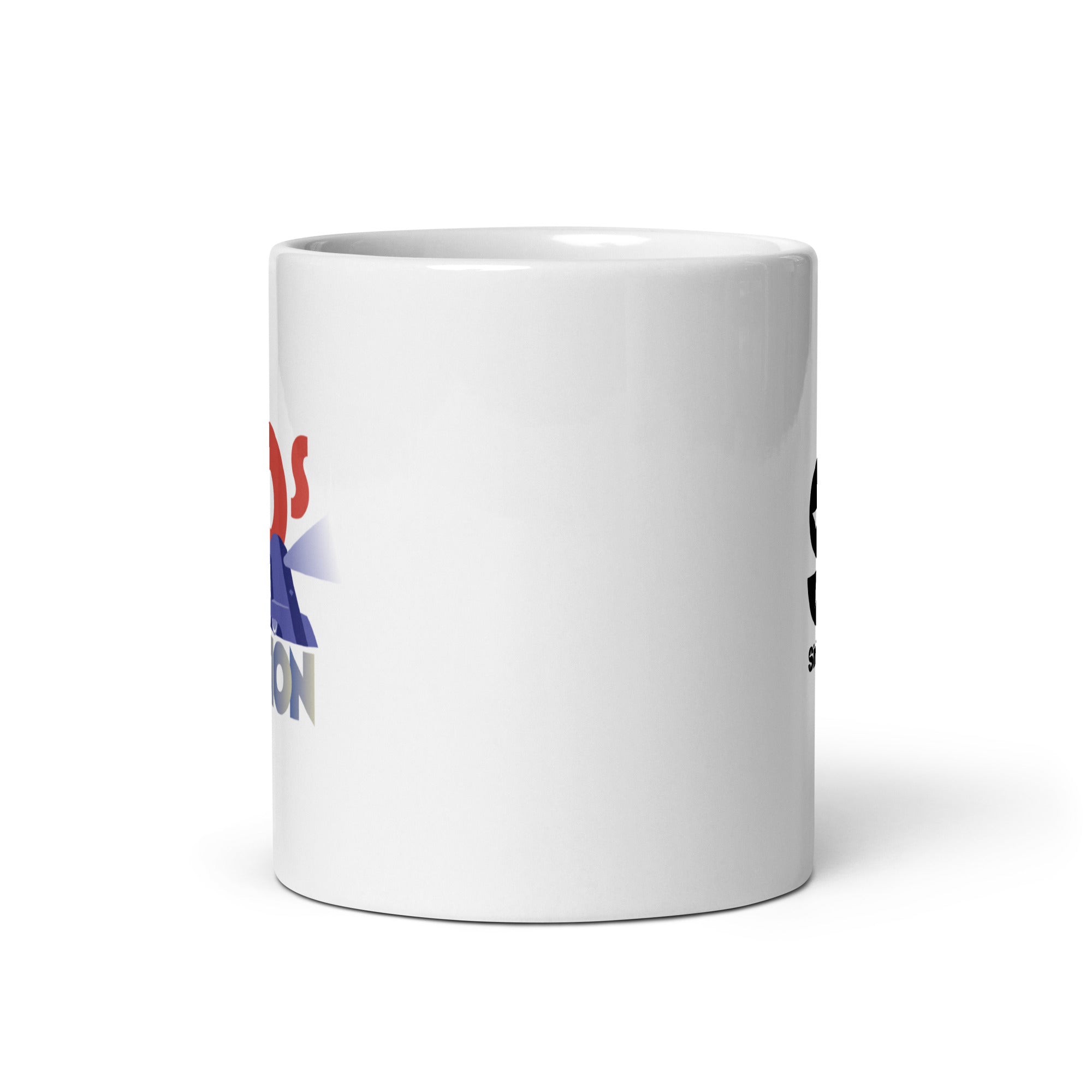 Side view of white ceramic mug, with partially visible front and back logos.