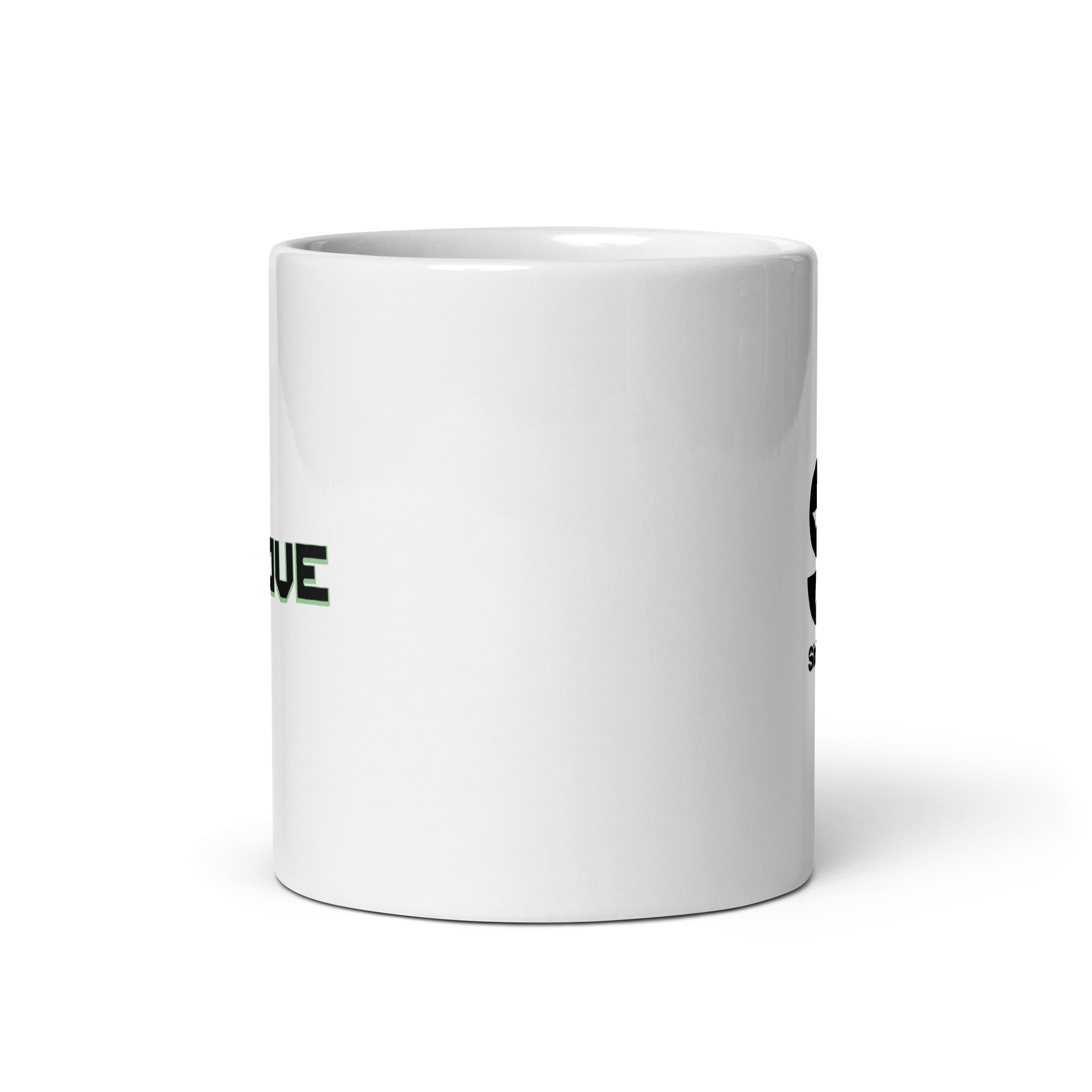 Side view of white ceramic mug, with partially visible front and back logos.