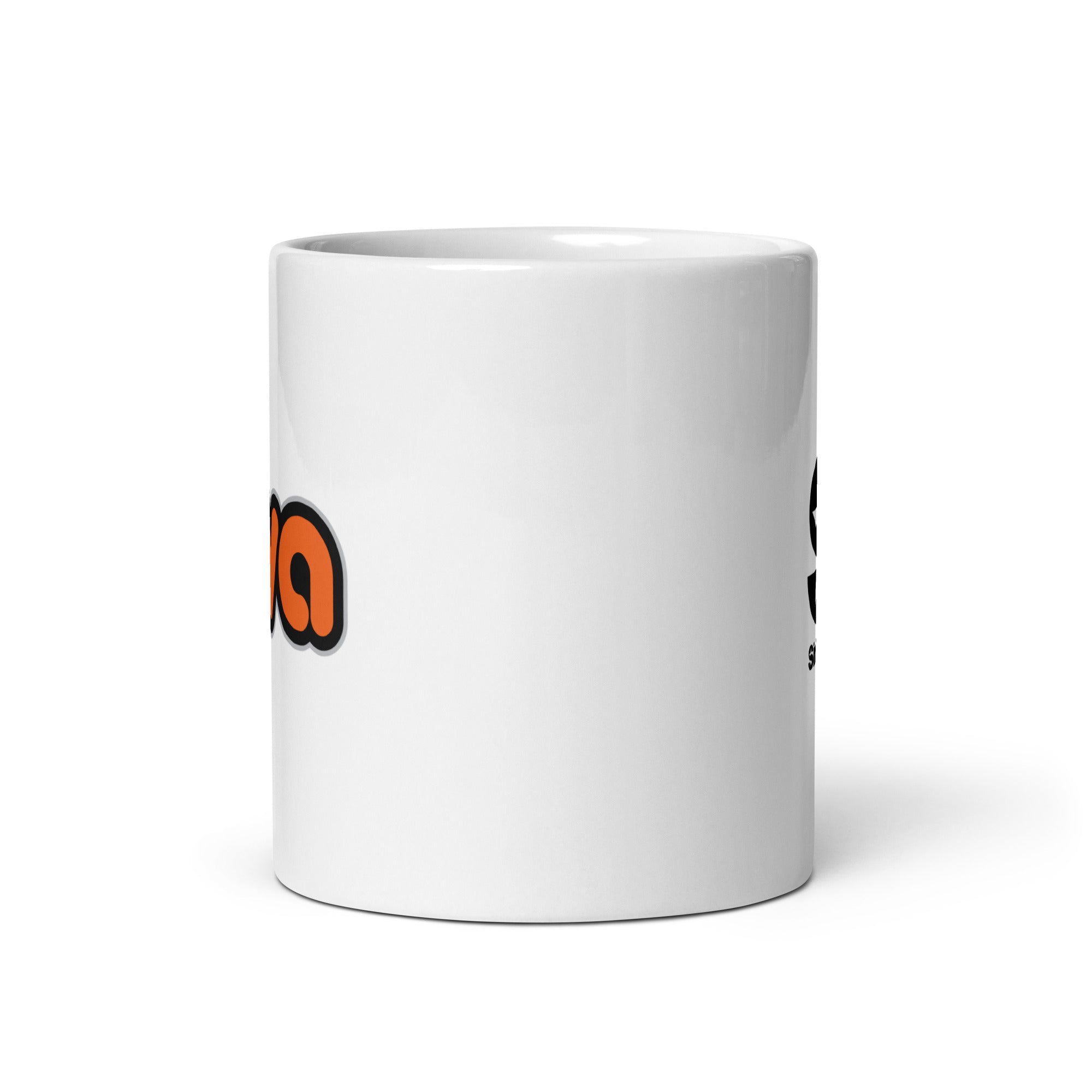 Side view of white ceramic mug, with partially visible front and back logos.