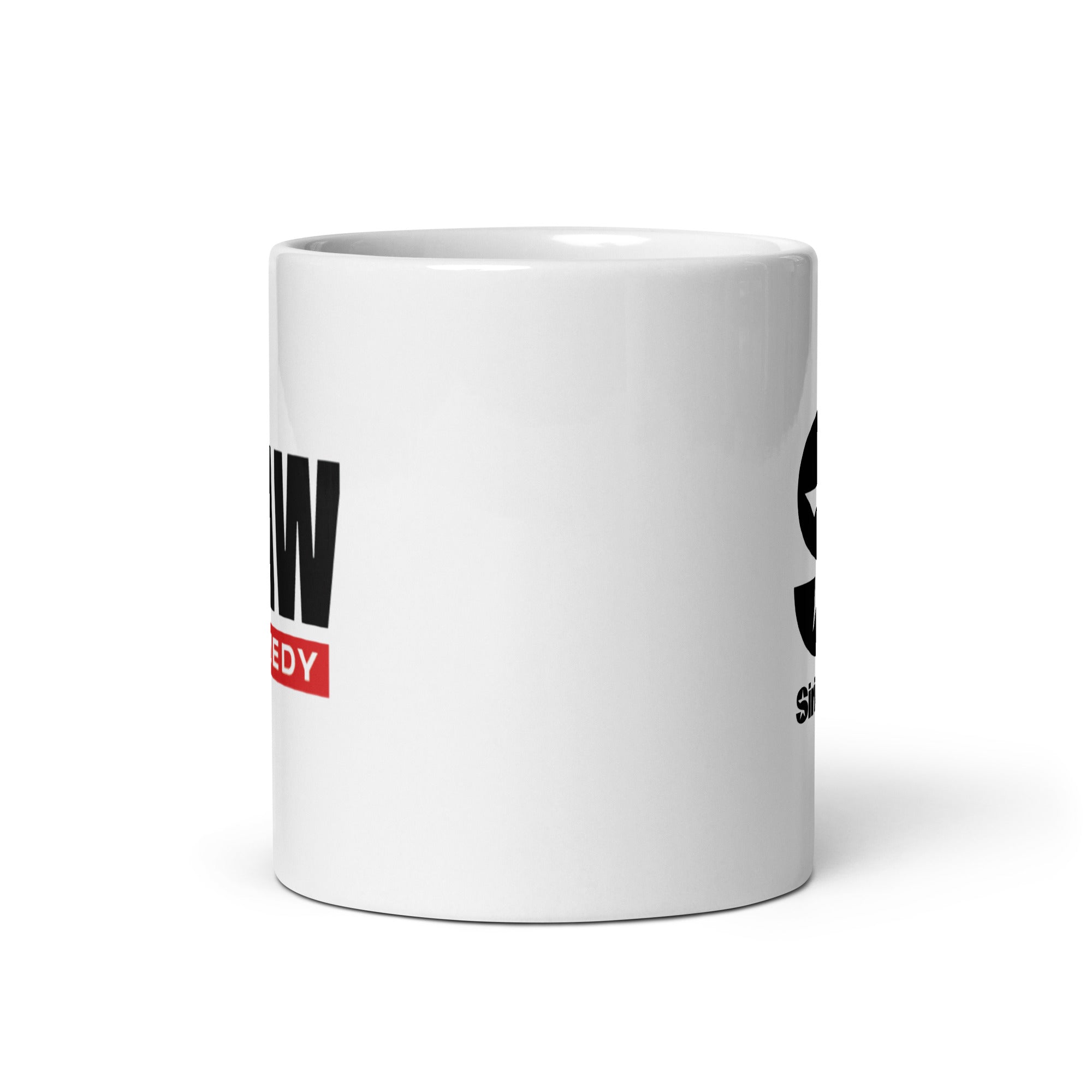 Side view of white ceramic mug, partially featuring front and back logos.