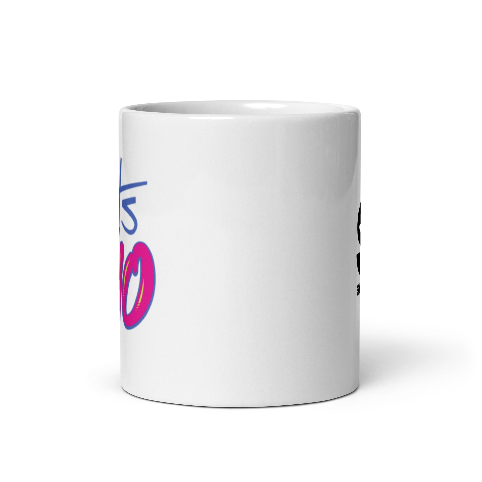 A white mug. View opposite handle.