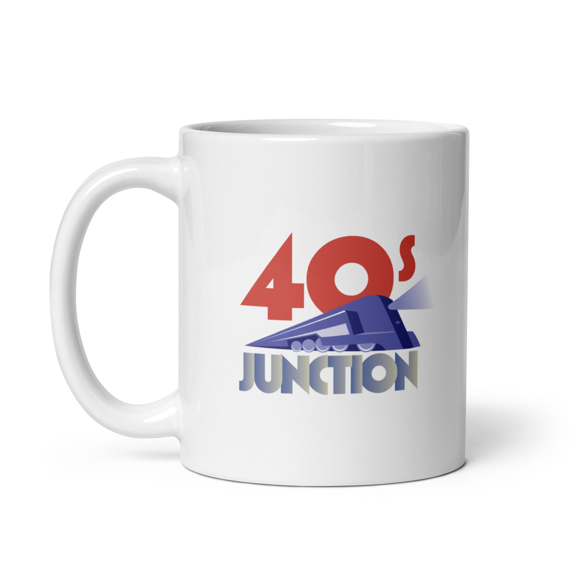 A white mug featuring the text '40's JUNCTION' and a stylized train design.