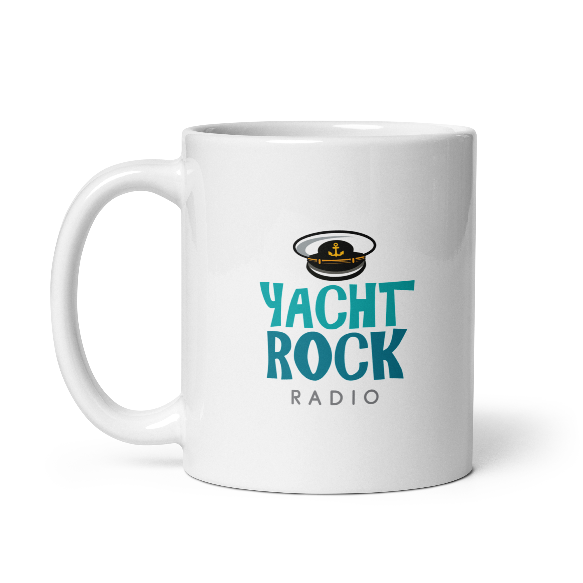 White mug featuring 'Yacht Rock Radio' text in tourquise and sea green and a captain's hat logo.