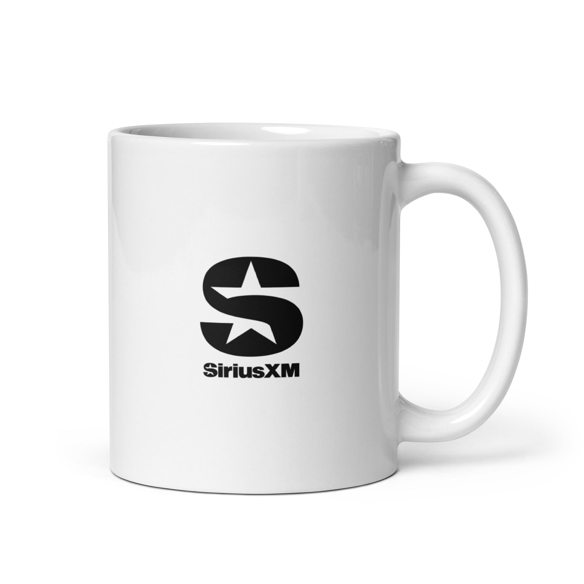 White mug with a black 'SiriusXM' logo featuring a stylized 'S' and a star.