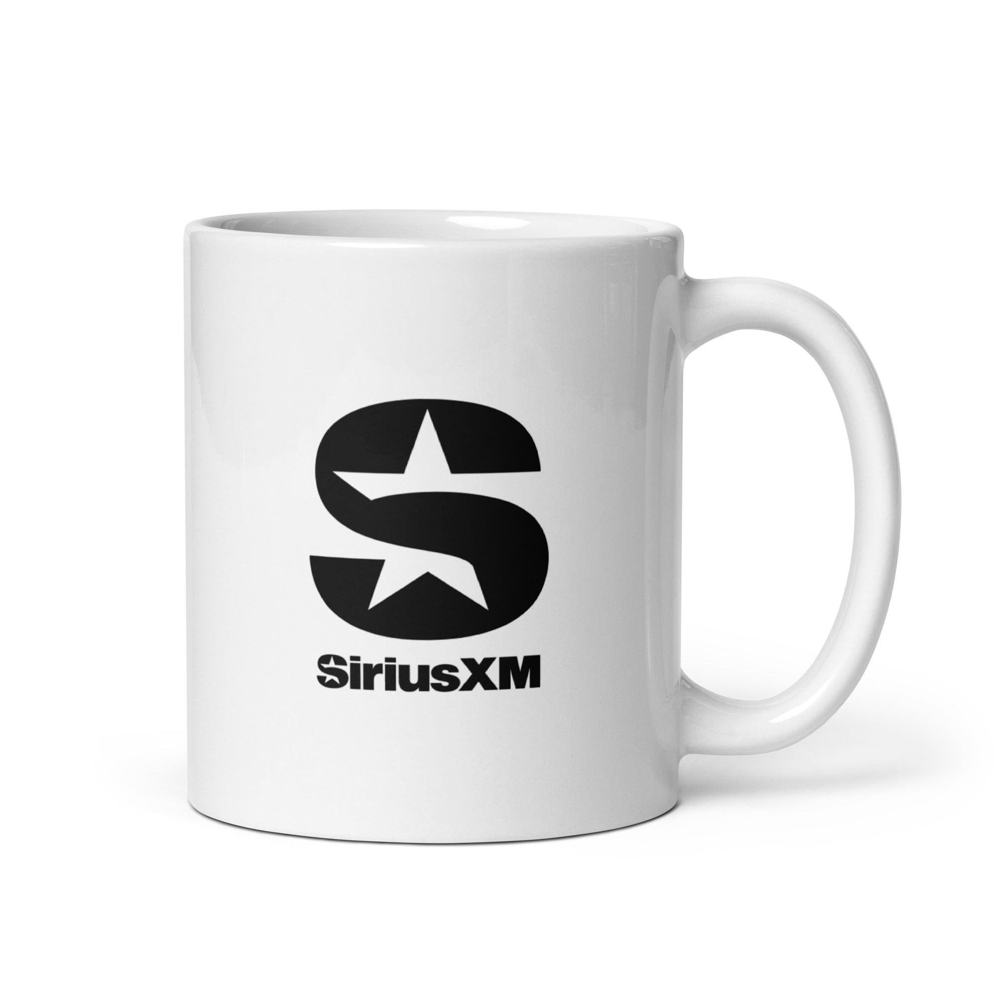 Back side of white mug featuring the 'SiriusXM' logo.