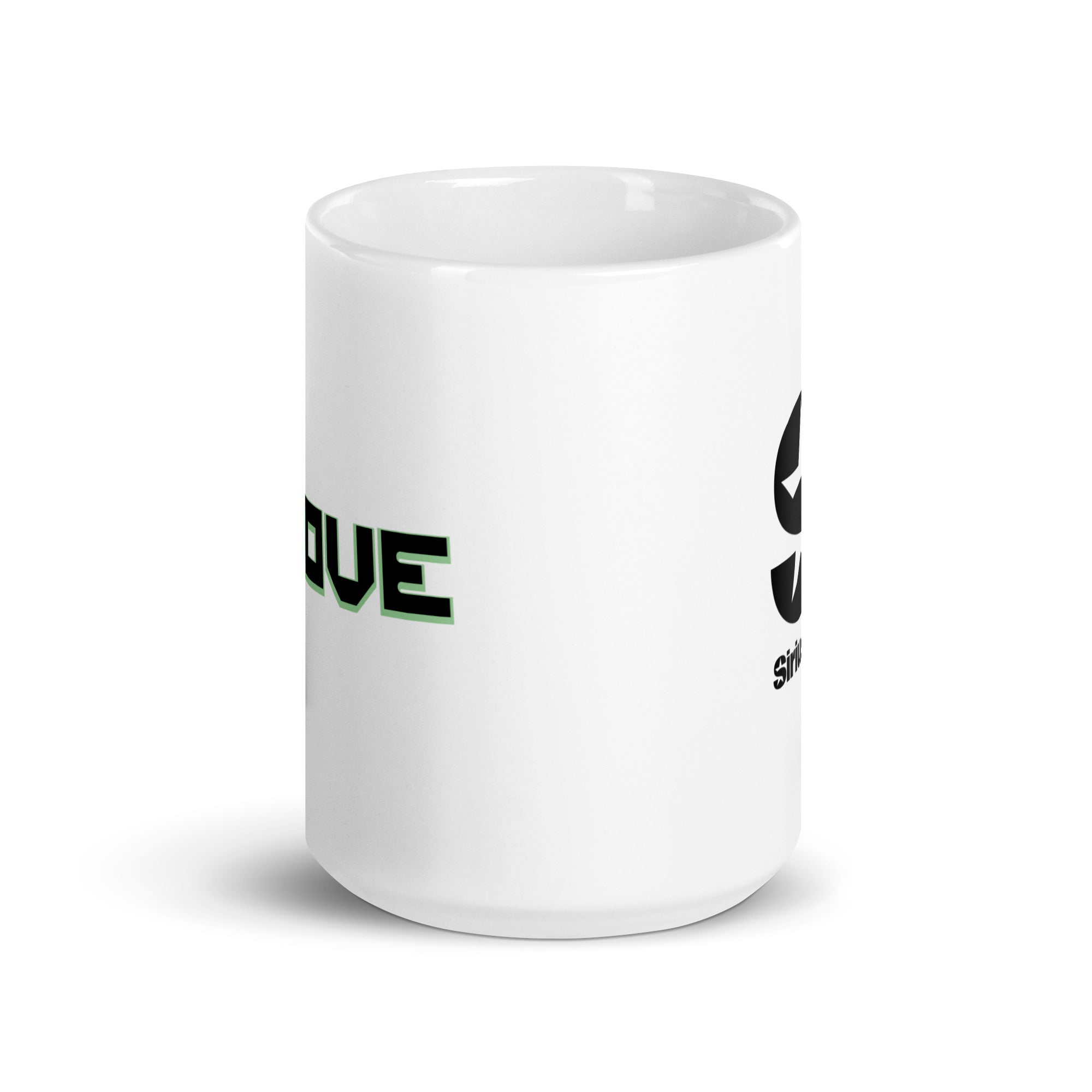 Side view of white ceramic mug, with partially visible front and back logos.